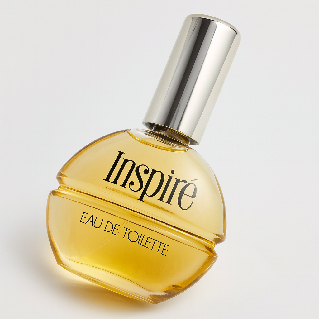 Ein geneigt stehendes Parfumflakon des Duftes „Inspiré“ mit silberner Kappe, befüllt mit gelblicher Flüssigkeit. Die schwarze Aufschrift „Inspiré“ und „EAU DE TOILETTE“ auf der Vorderseite ist deutlich lesbar. Der Hintergrund ist neutralweiß, mit einem weichen natürlichen Schatten unter dem Flakon. Die flache Tiefe des Flakons ist sichtbar.