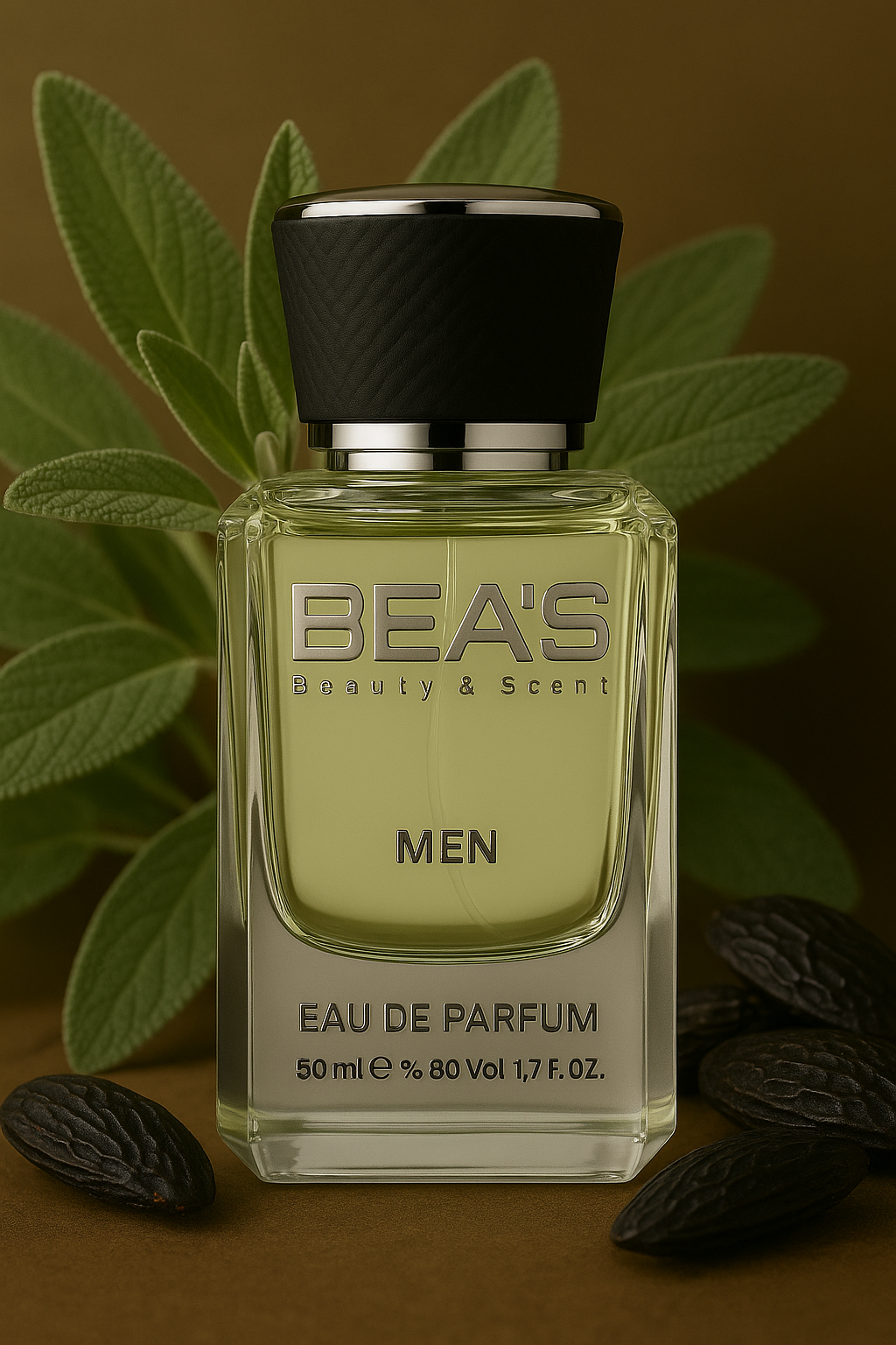 Bea's Men Flakon mit Minzblättern und Tonkabohnen im Hintergrund.