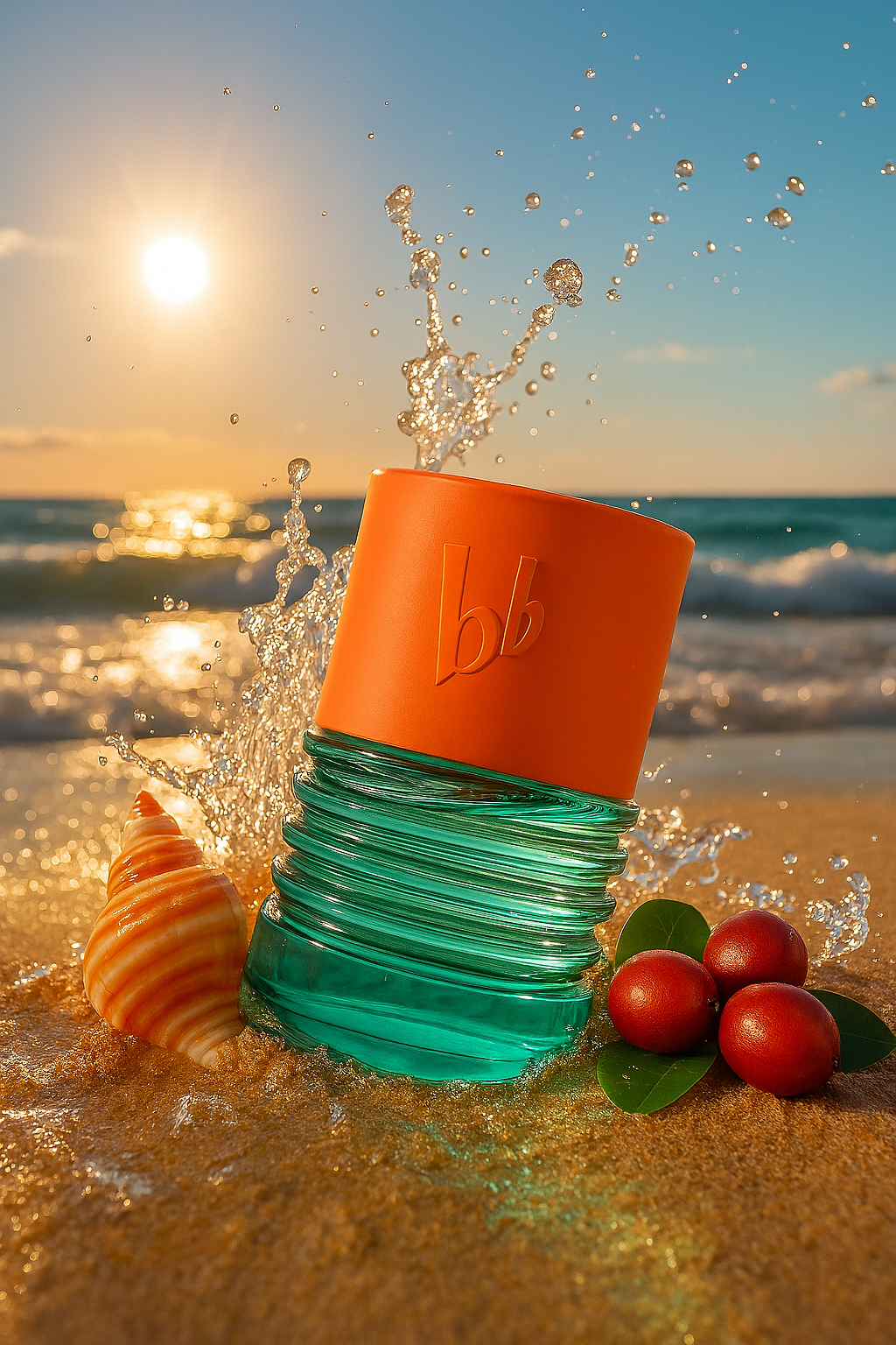 Das Parfumflakon von Bruno Banani mit türkisfarbenem Glas und orangefarbener Kappe steht leicht geneigt im nassen Sand eines Strandes. Umgeben wird es links von einer Muschel in passenden Orangetönen, rechts von Guarana-Beeren mit grünen Blättern. Im Hintergrund spritzen glitzernde Wassertropfen in die Luft, während die Sonne über dem Meer untergeht.