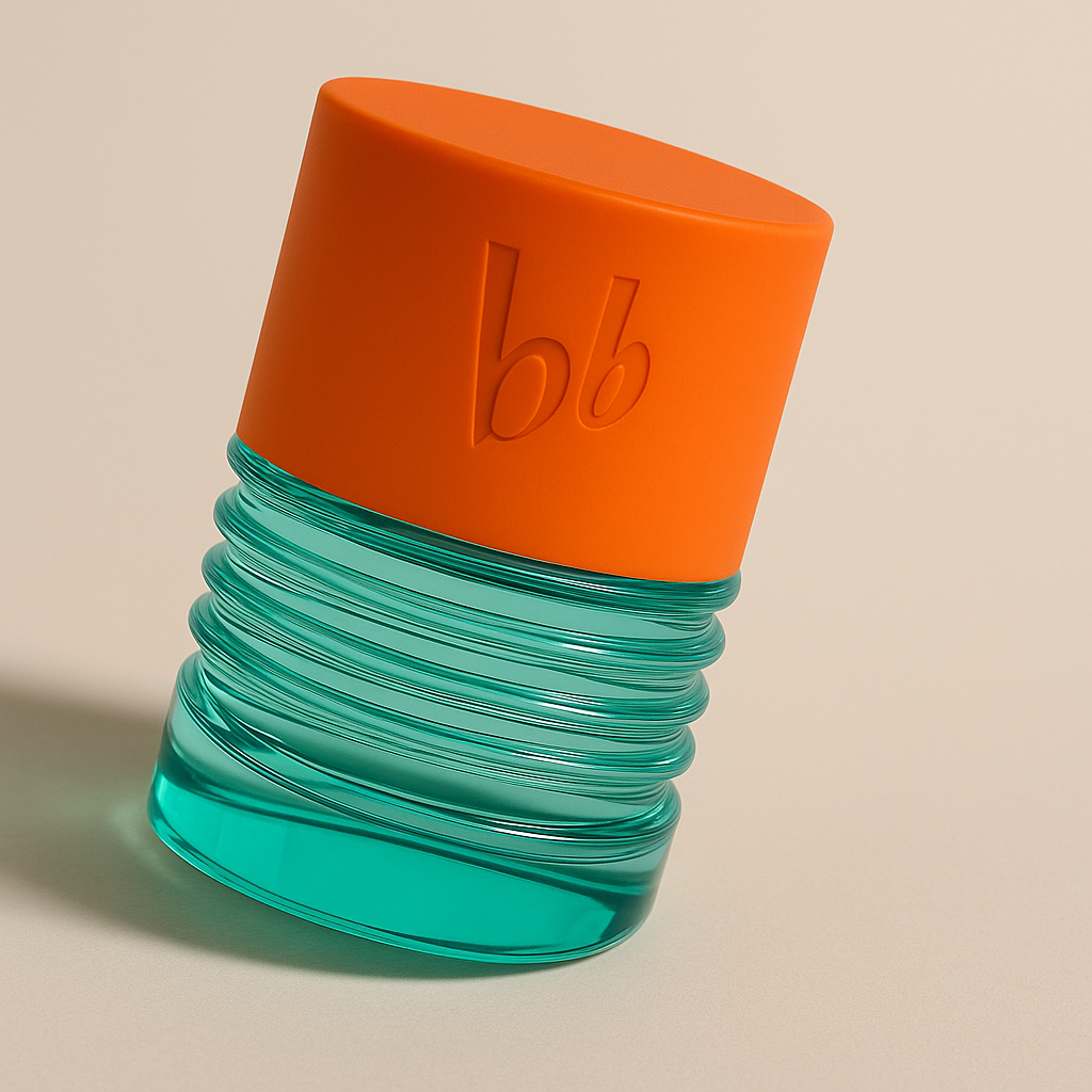 Ein schräg nach hinten rechts geneigtes Parfumflakon mit türkisfarbenem, gerilltem Glasboden und matt-orangefarbener Kappe mit „bb“-Prägung steht auf einer weichen, beigefarbenen Fläche. Das Licht fällt von links oben und erzeugt einen sanften, warmen Schatten, der dem Bild Tiefe und Lebendigkeit verleiht.