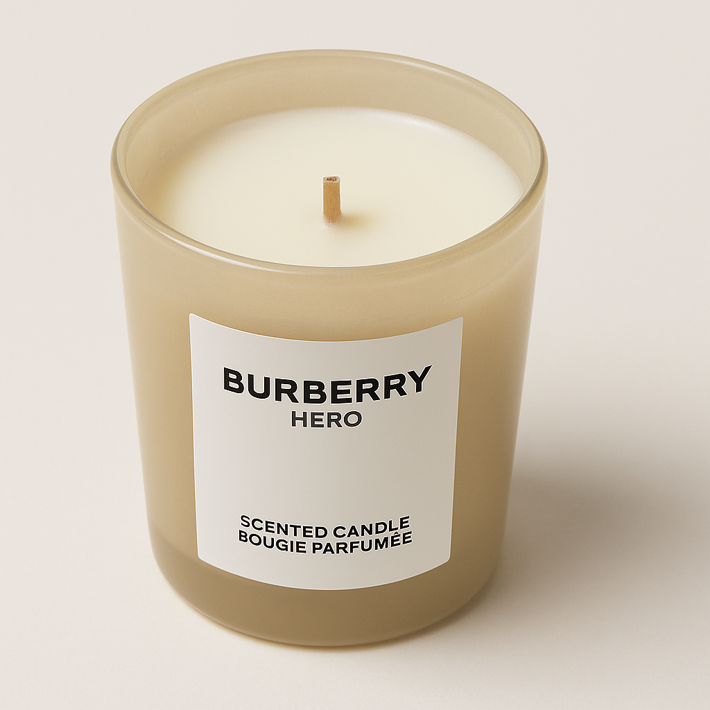 Eine Burberry Hero Duftkerze in einem beige-transparenten Glasbehälter, von leicht oben fotografiert, sodass der Docht sichtbar ist. Das weiße Etikett trägt die schwarze Aufschrift „BURBERRY HERO – SCENTED CANDLE / BOUGIE PARFUMÉE“. Die Kerze steht auf einem neutralen, hellen Hintergrund mit weichem Schatten.