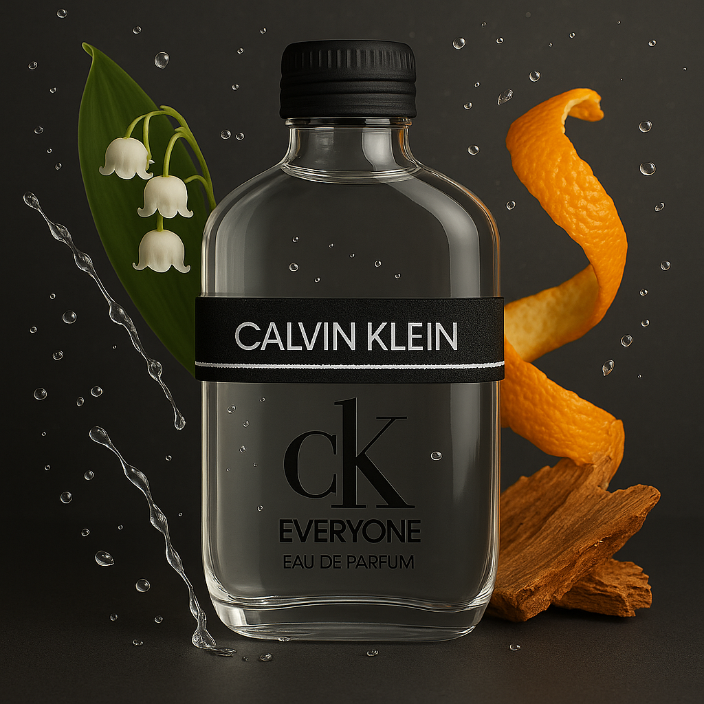 Ein gläsernes Calvin Klein Flakon mit der Aufschrift "Calvi Klein cK EVERYONE Eau de Parfum". Links sind 3 Maiglöckchen zu sehen und rechts liegt ein Stückchen Holz und eine spiralförmige Orangenschale. Das Flakon ist von Wasserspritzern umgeben und der Hintergrund ist in dunklem grau gehalten.