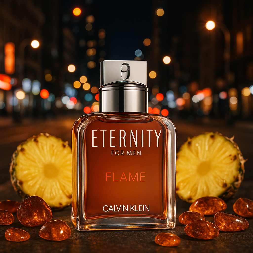 Eternity Flame Flakon von Calvin Klein, umgeben von Ananasscheiben und Bernsteinen mit einer lebendigen Stadt im Hintergrund.