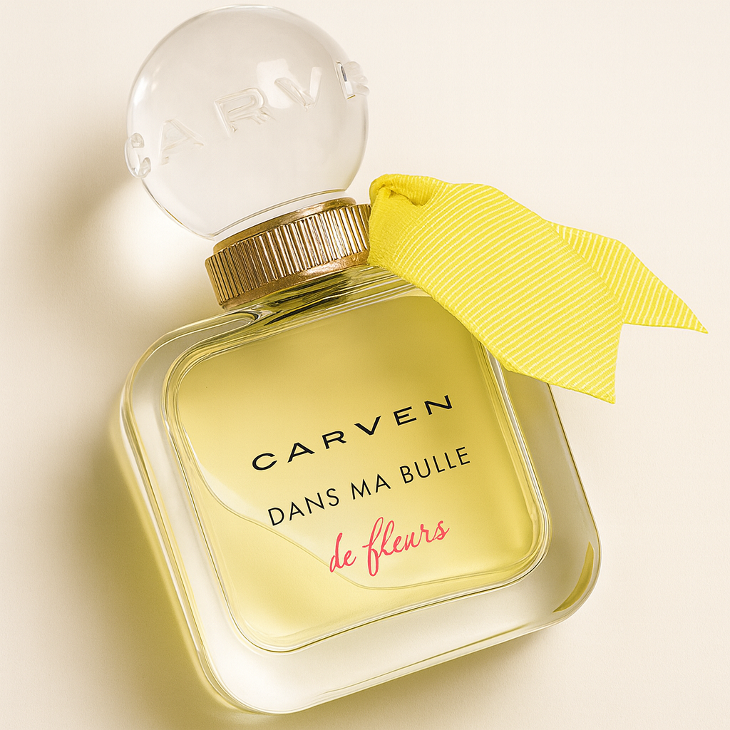 Ein schräg liegendes, rechteckiges Parfumflakon von Carven „Dans Ma Bulle de Fleurs“ vor neutralem, hellem Hintergrund. Der Flakon ist mit blassgelber Flüssigkeit gefüllt, trägt einen goldfarbenen Hals mit rundem, transparentem Verschluss und eine gelbe Stoffschleife. Die Aufschrift ist in Schwarz und Pink gut lesbar. Ein weicher Schatten fällt zur Seite.