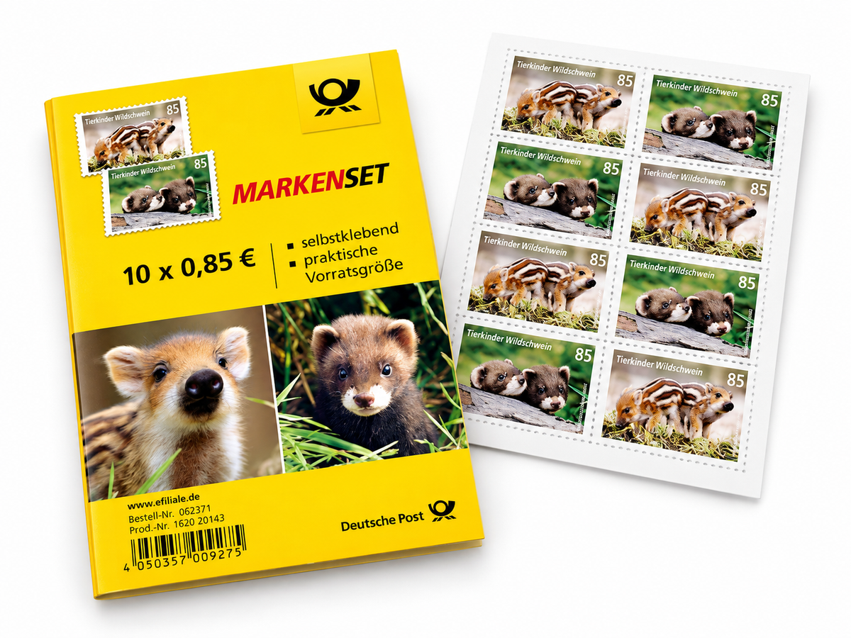10x Briefmarke Tierkinder Markenset zu je 0,85 €, selbstklebend 10er-Set Wildschwein + Iltis Sammler
