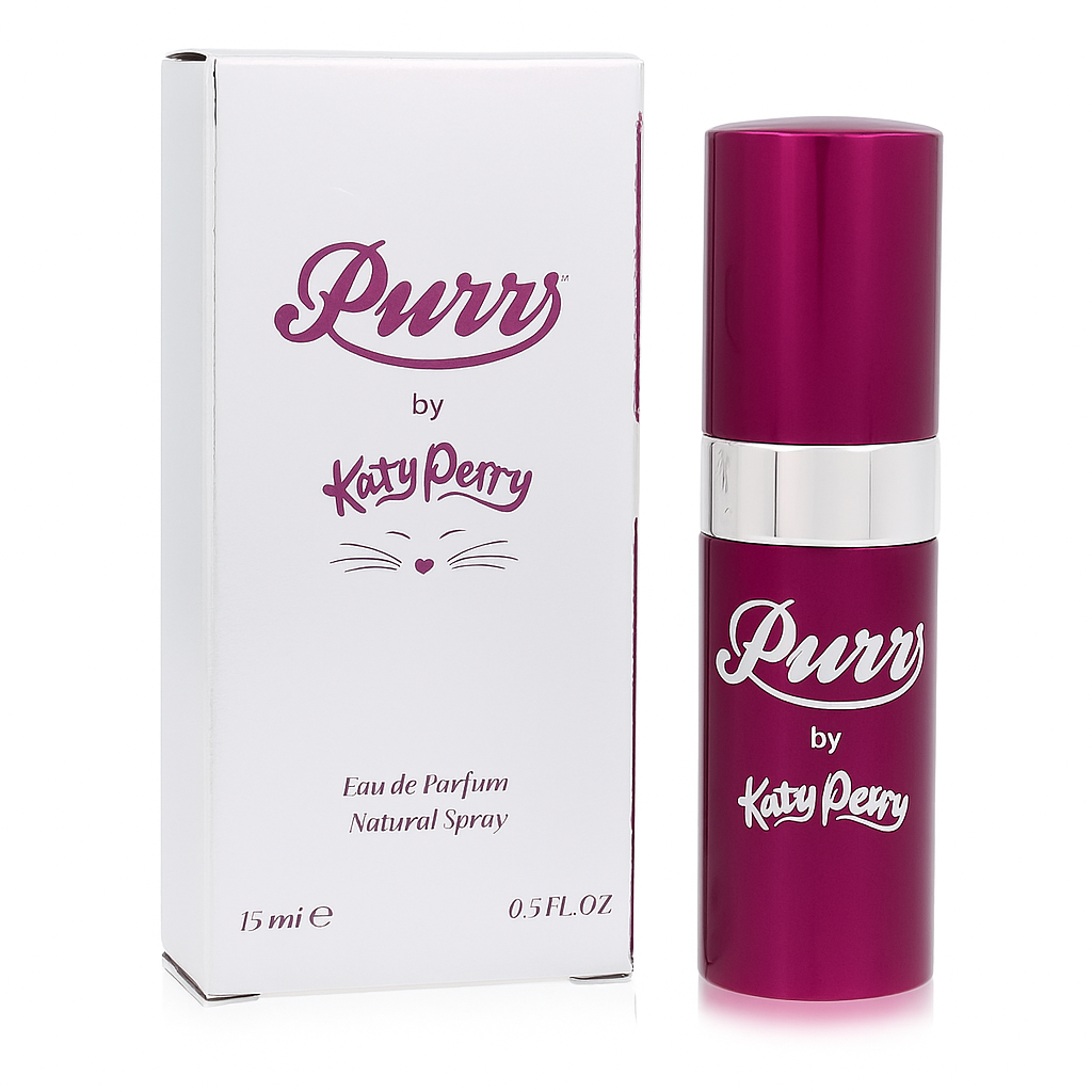 Flakon und Verpackung von Katy Perry Purr Eau de Parfum 15 ml – glänzend purpurfarbiger Zerstäuber neben weiß‑violetter Box auf weißem Hintergrund.