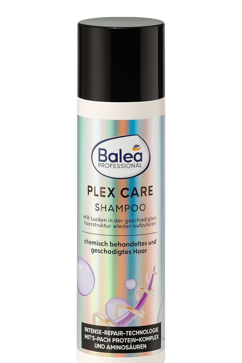 Flasche des Balea Professional Plex Care Shampoos, 250 ml, aufrecht stehend – regenerierendes Shampoo mit Plex-Technologie für strapaziertes Haar