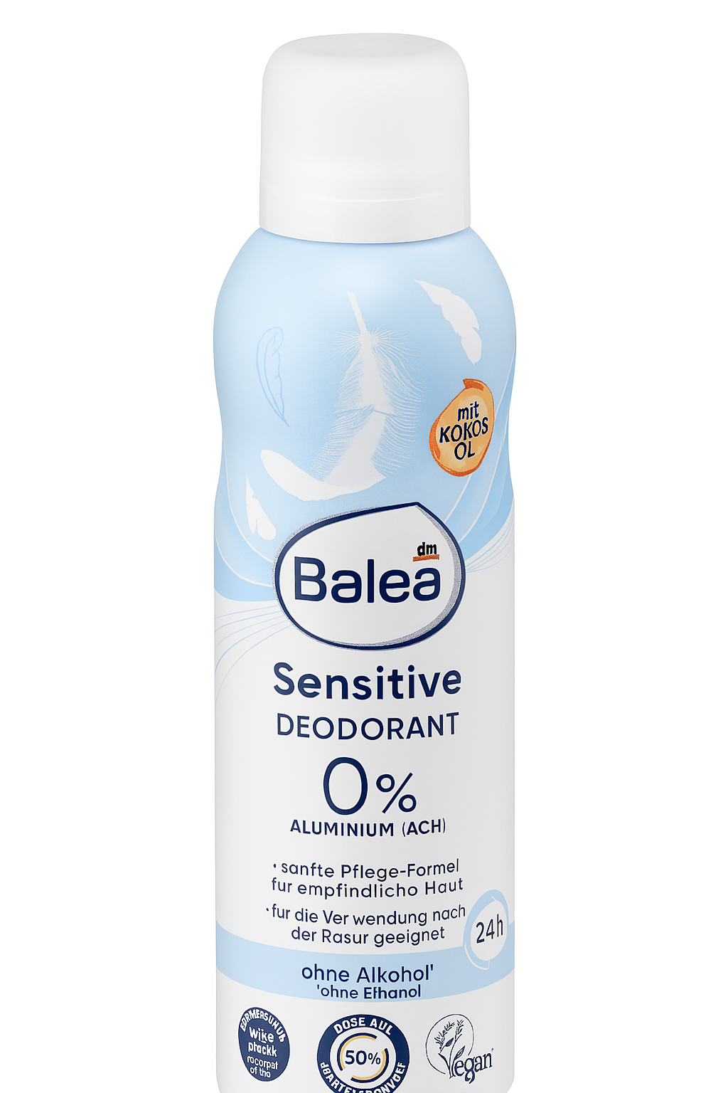 Sprühdose des Balea Sensitive Deodorants mit Kokosöl, 200 ml – sanfter, aluminiumfreier Deo-Schutz für empfindliche Haut mit Kokosduft