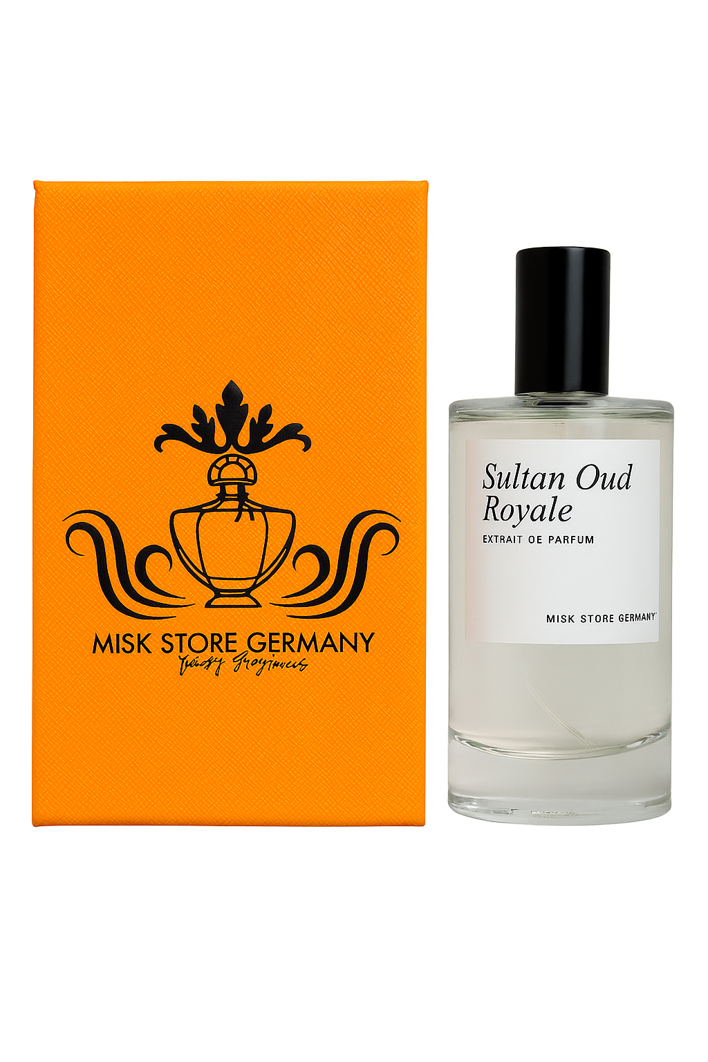 Flakon des Sultan Oud Royale Extrait de Parfum, 50 ml – luxuriöser Unisex-Duft mit intensiver Oud-Note und goldschwarzem Design