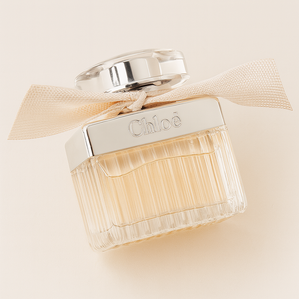 Ein edles Parfumflakon mit silbernem Verschluss und beigefarbener Schleife steht leicht gekippt auf einer neutralen, cremefarbenen Fläche. Die Vorderseite zeigt den Schriftzug „Chloé“. Der Flakon besteht aus klarem, strukturiertem Glas und wirft einen dezenten, weichen Schatten.