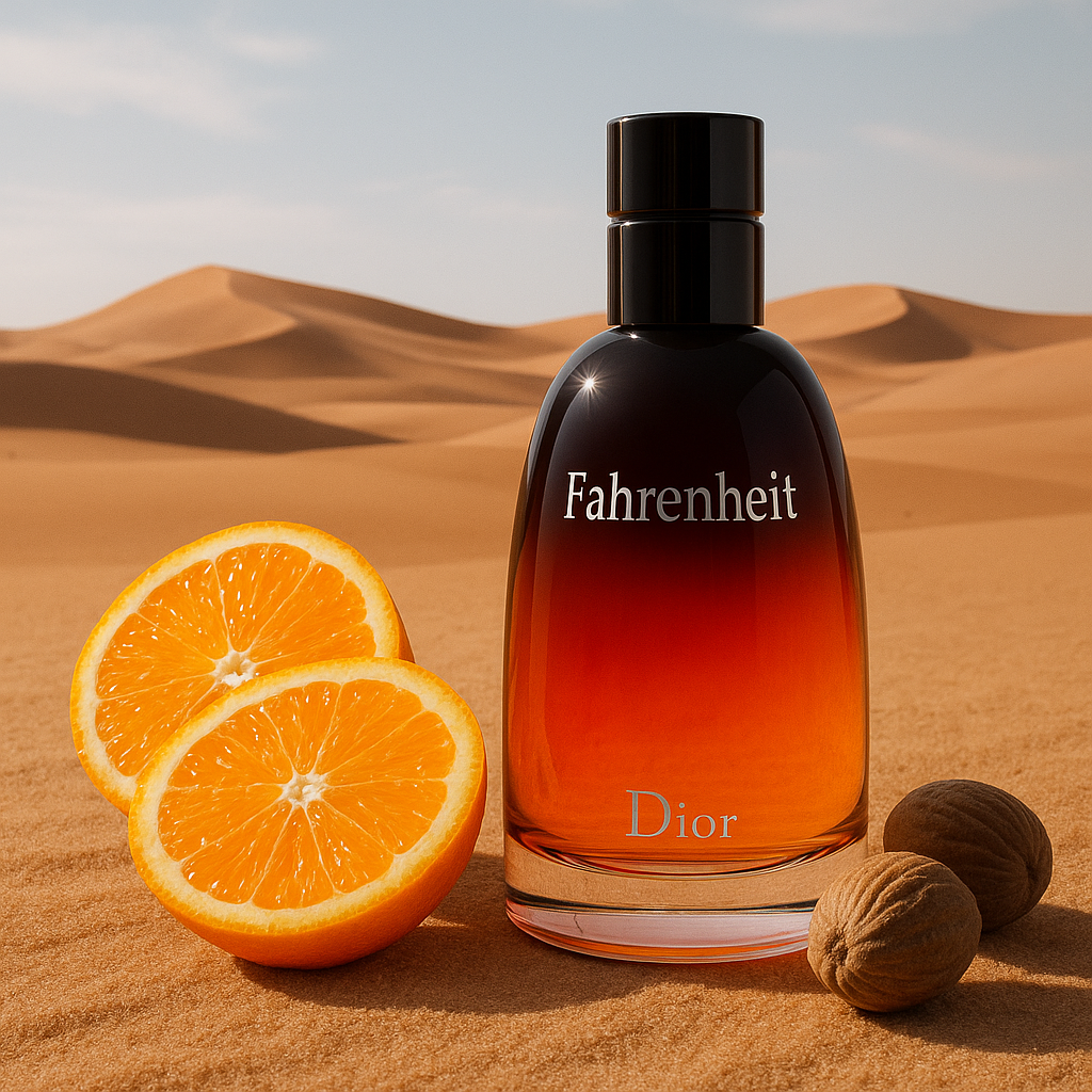 Ein elegant geschwungener Flakon der Dior Fahrenheit After-Shave Lotion steht leicht glänzend im warmen Wüstensand. Der Farbverlauf von dunklem Rot zu Bernstein reflektiert das Sonnenlicht. Daneben liegen zwei aufgeschnittene Orangenscheiben und ganze Muskatnüsse, die die zitrisch-würzige Duftkomposition andeuten. Im Hintergrund erstrecken sich weiche Dünen unter einem klaren, blauen Himmel – das Bild vermittelt Frische, Hitze und maskuline Eleganz.