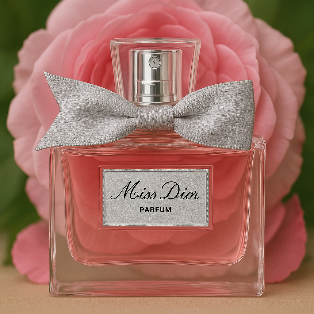 Miss Dior Parfum lakon mit einer rosafarbenen Rose im Hintergrund.