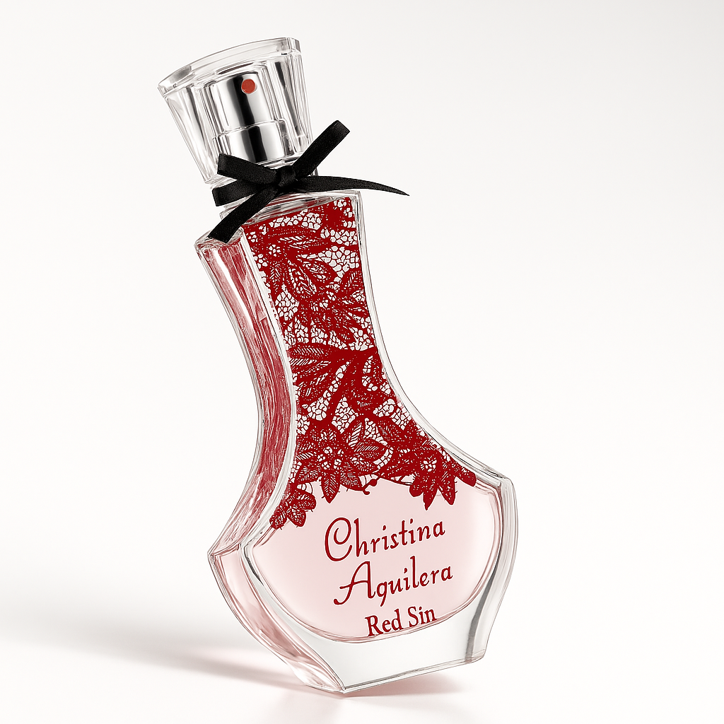 Christina Aguilera Red Sin Flakon, leicht gekippt, auf weißem Hintergrund.