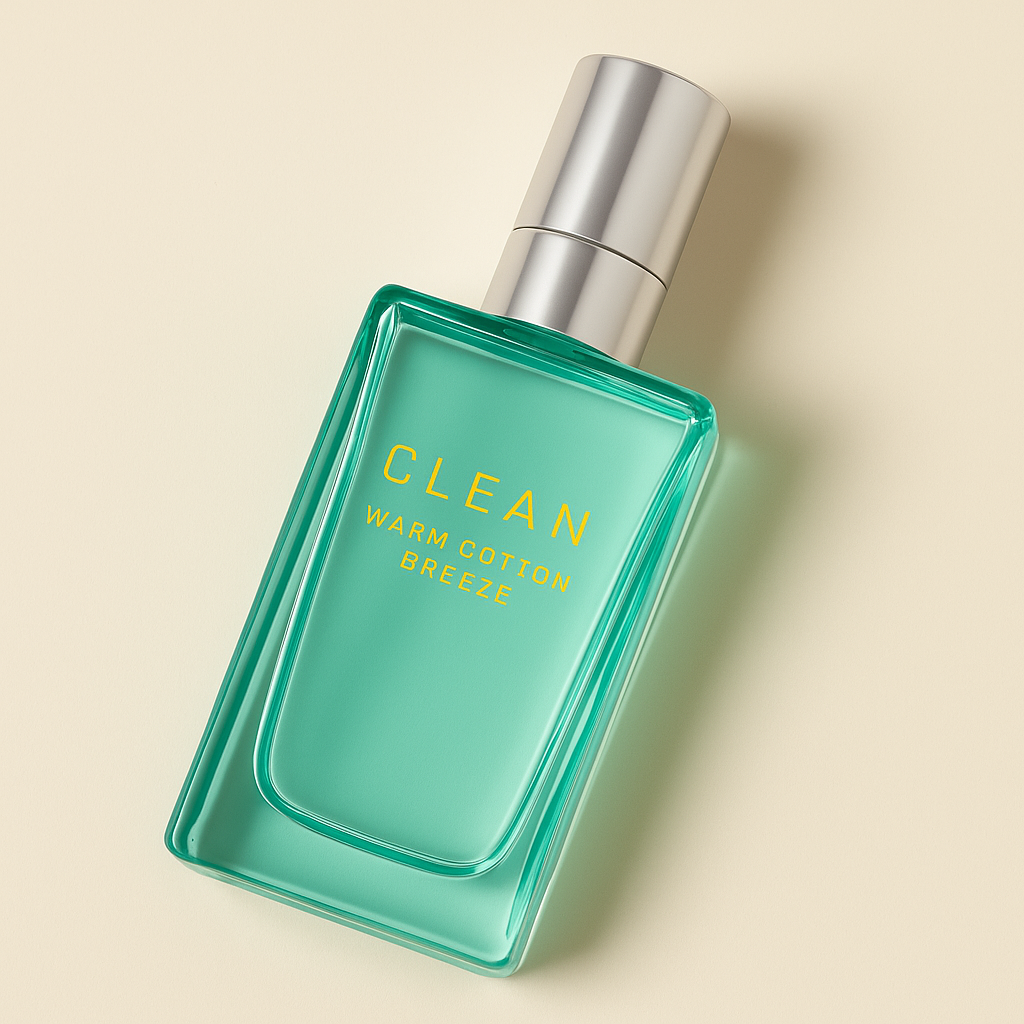 Ein rechteckiges türkisfarbenes Parfumflakon mit silberner Sprühkappe steht in einem sanften Winkel geneigt auf hellem, neutralem Hintergrund. Auf der Vorderseite ist deutlich der gelbe Schriftzug „Clean Warm Cotton Breeze“ zu sehen. Das Flakon wirft einen weichen, natürlichen Schatten, und die Glasform läuft elegant nach unten hin schmaler zu.
