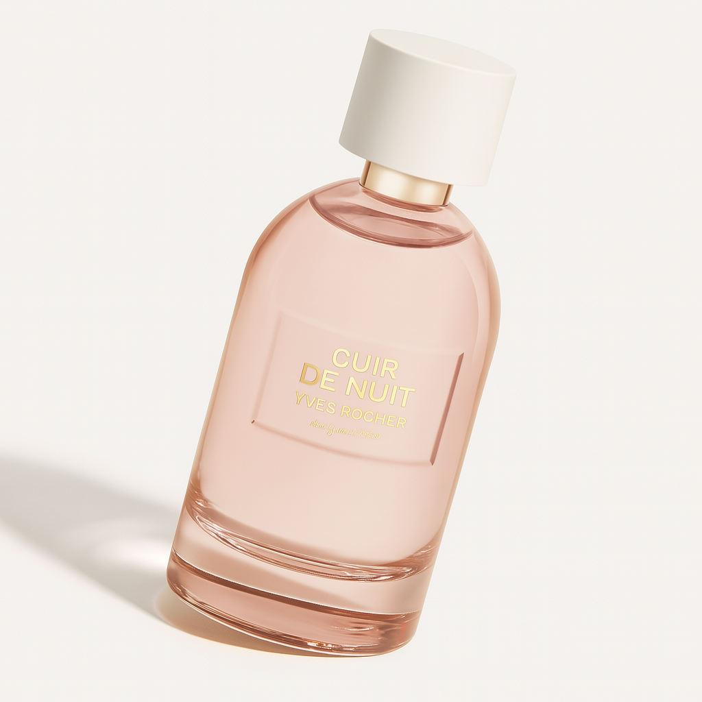 Ein rosa Parfumflakon „Cuir de Nuit“ von Yves Rocher ist leicht zur Seite geneigt, sodass die goldene Aufschrift gut sichtbar bleibt. Das Flakon wirft einen weichen Schatten auf den neutralen Hintergrund.