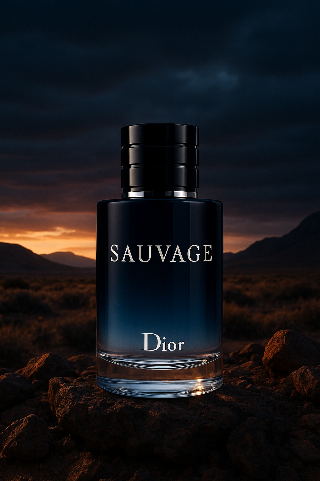 Dior Sauvage Flakon steht bei Abenddämmerung auf einer felsigen Oberfläche.