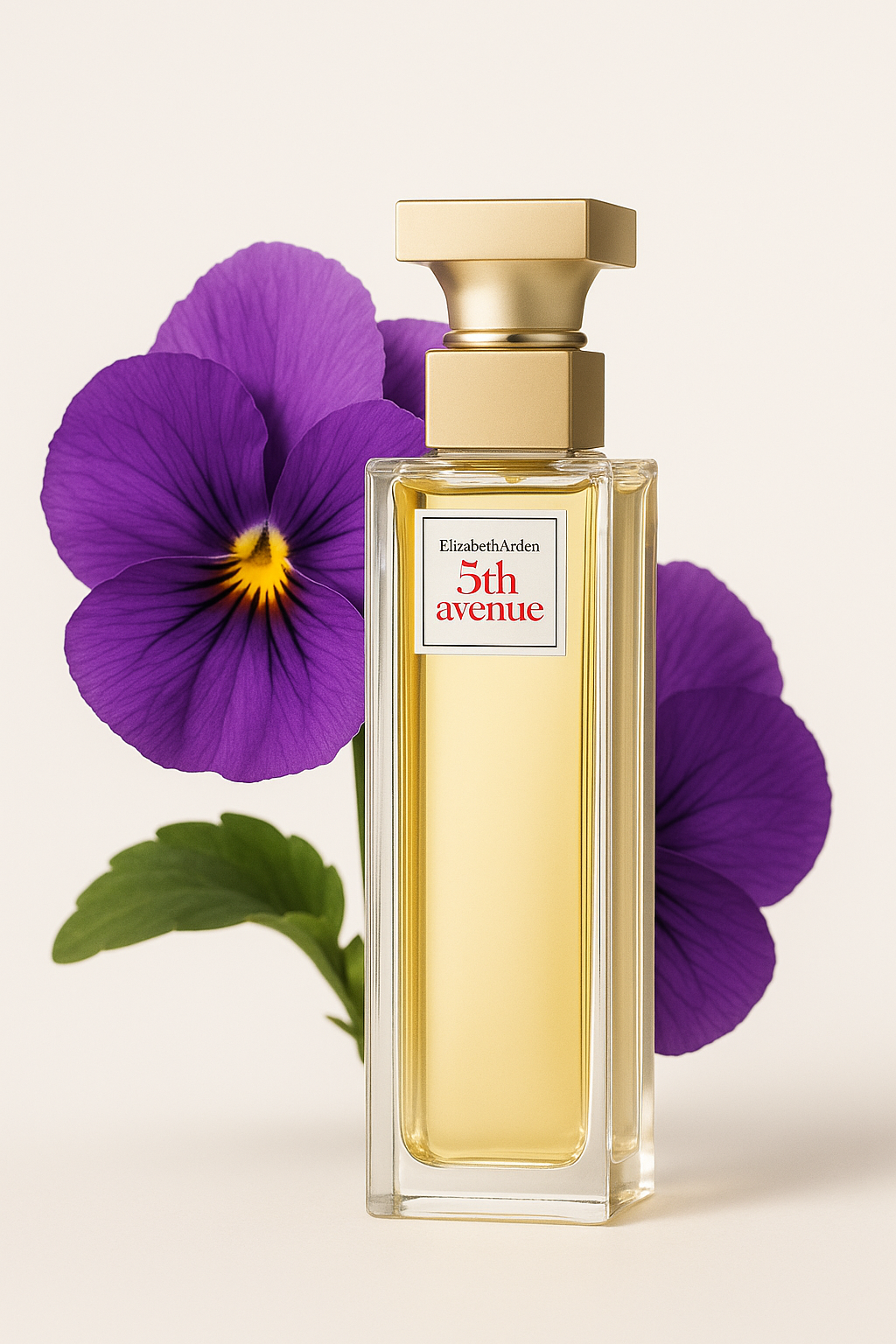 5th Avenue Flakon mit einer lilafarbenen Orchidee m Hintergrund.