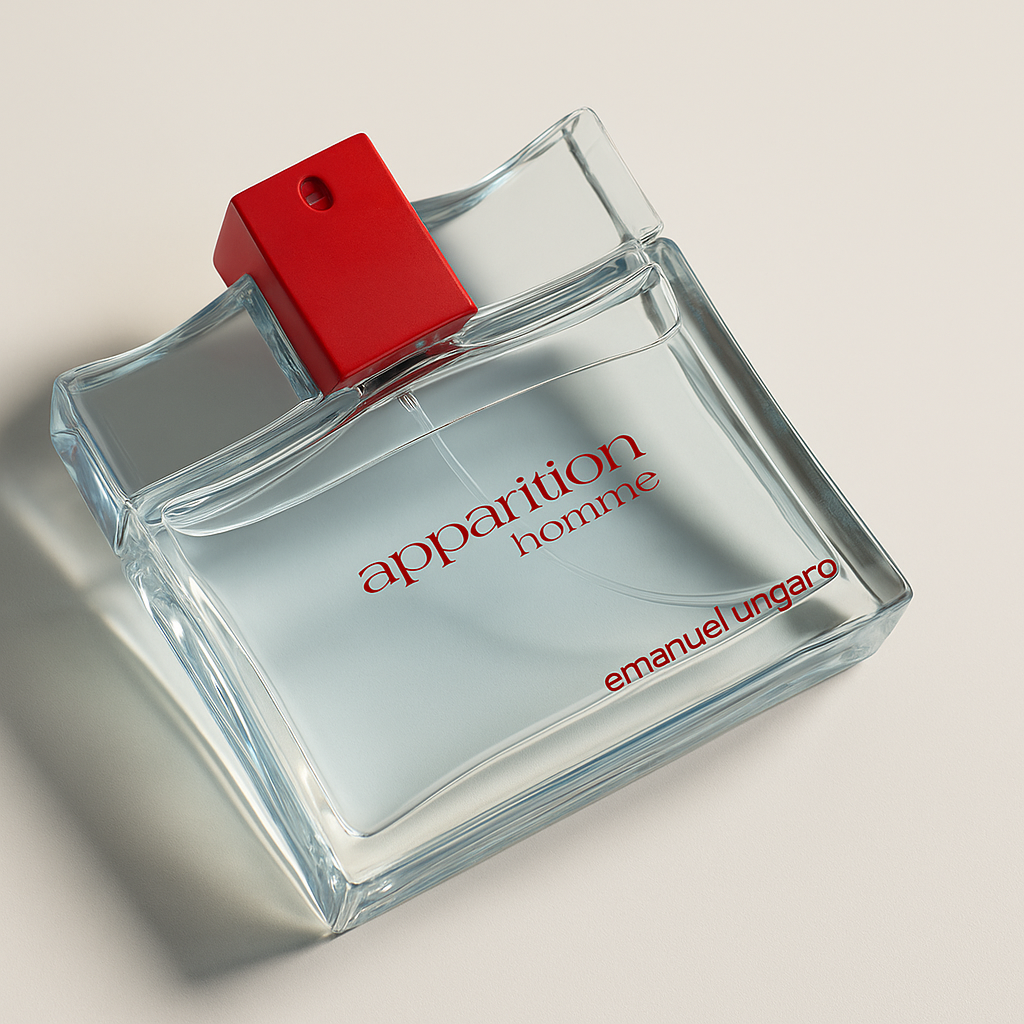 Ein leicht zur Seite geneigter Flakon des Parfums "Apparition Homme" von Emanuel Ungaro mit rotem Sprühkopf, stehend auf einer neutralen Fläche. Die Vorderseite mit dem Markennamen ist gut lesbar, der Flakon wirft einen weichen Schatten.