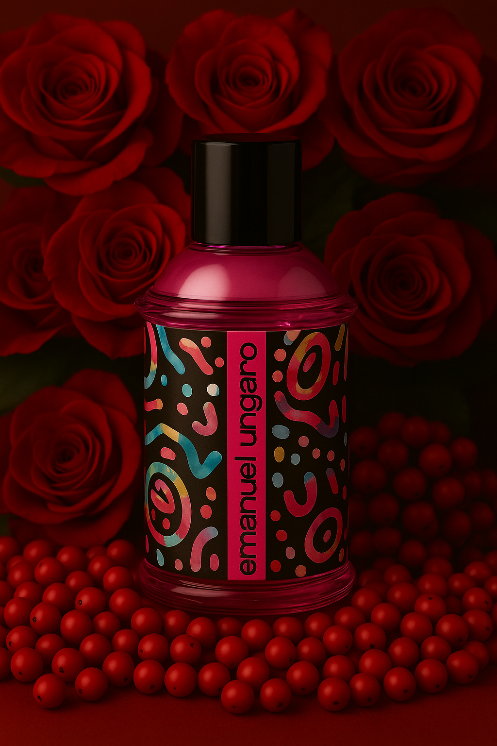 Emanuel Ungaro For Her Flakon steht auf einem Haufen Rosa Pfeffer und im Hintergrund sind Rote Rosen.