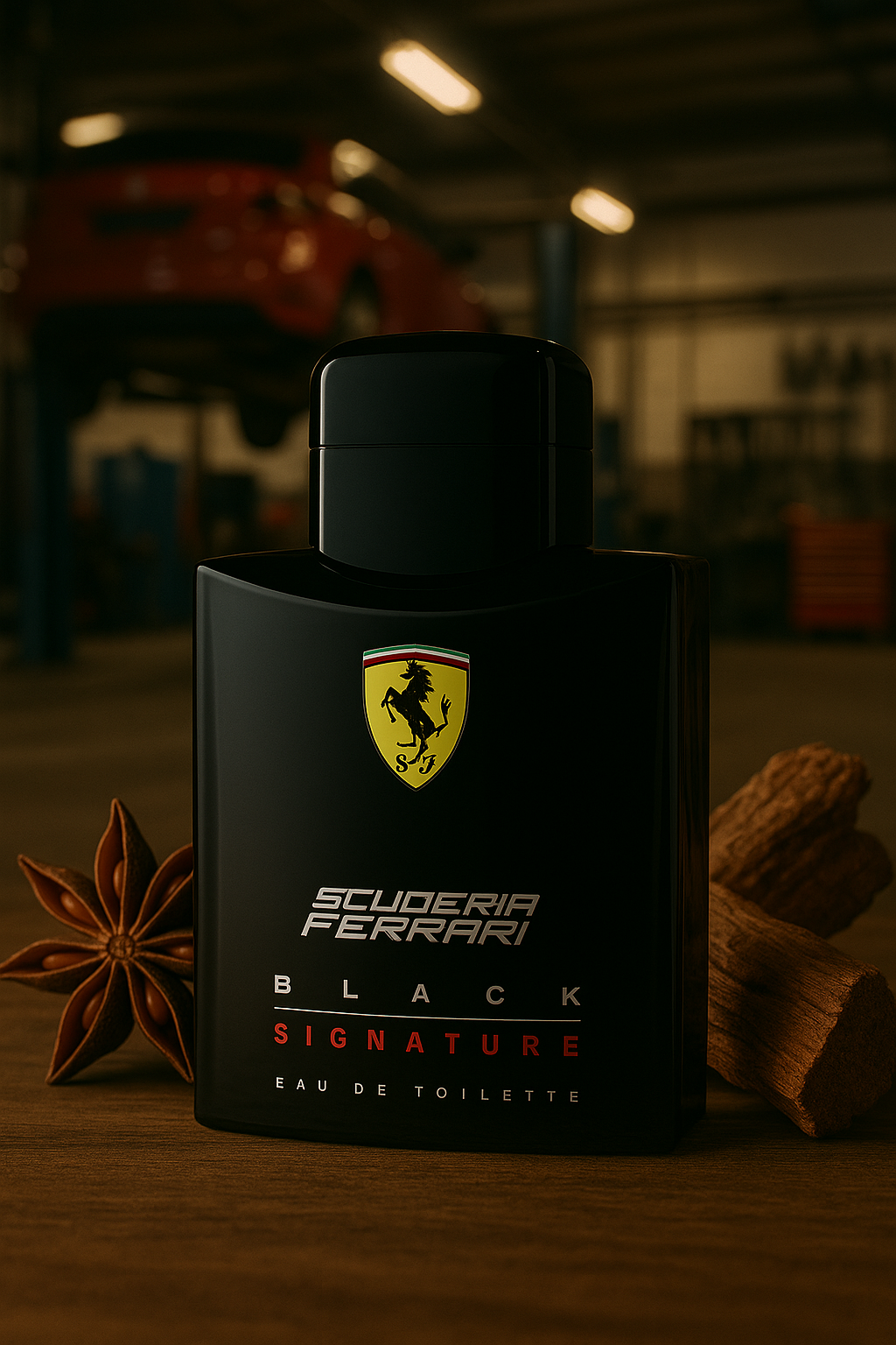 Ferrari Scuderia Black Signature Flakon, umgeben von Holz und Gewürzen mit einer Autowerkstatt im Hintergrund.