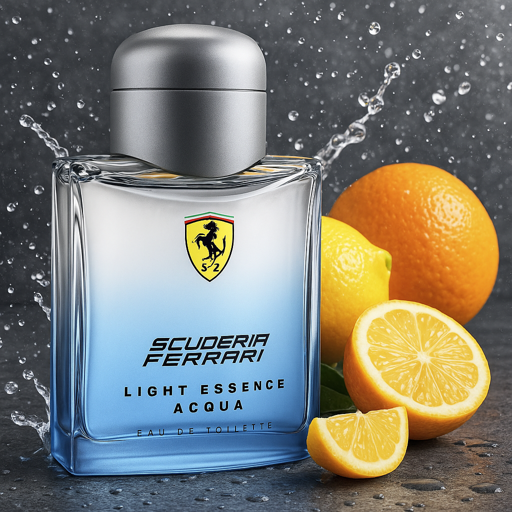 Ferrari Scuderia Flakon, umgeben von Zitrusfrüchten und Wasserspritzern, auf einer dunkelgrauen Fläche.