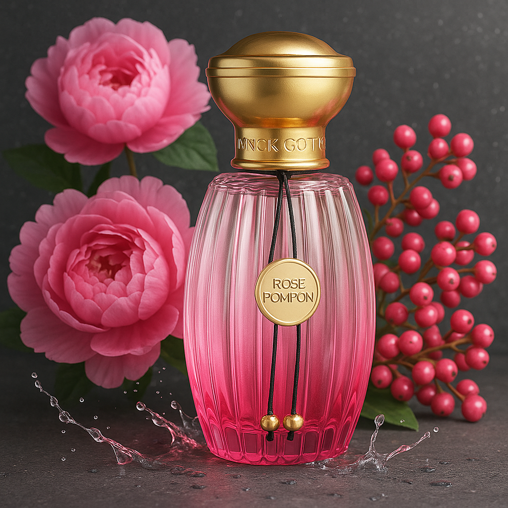 Rose Pompon Flakon von Goutal Paris, mit Wasserspritzern und Rosen und rosa Pfeffer im Hintergrund.