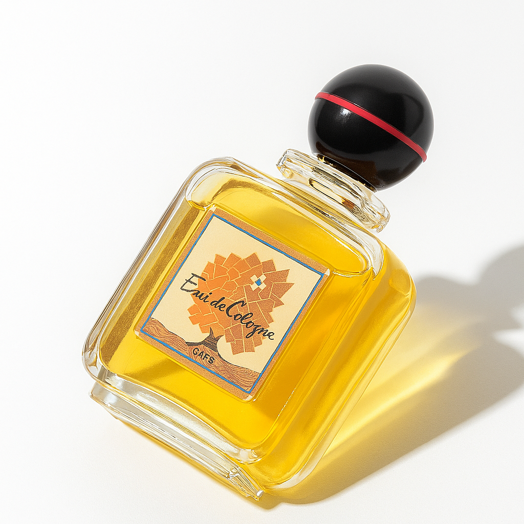 Ein rechteckiges Parfumflakon aus Glas mit gelblicher Flüssigkeit ist leicht nach hinten gekippt dargestellt. Der schwarze, kugelförmige Verschluss mit rotem Ring spiegelt das Licht dezent. Auf der Vorderseite befindet sich ein Etikett mit einem stilisierten orange-roten Baum und der Aufschrift „Eau de Cologne“ und „GRÈS“. Das Flakon steht auf einem neutralen weißen Hintergrund mit einem weichen Schatten.