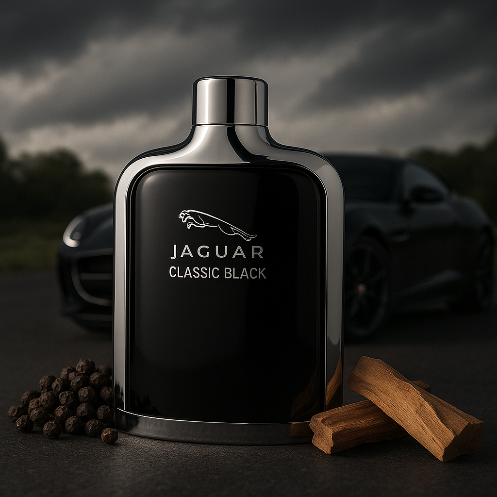 Ein elegantes, schwarzes Parfumflakon von „Jaguar Classic Black“ steht dominant im Vordergrund auf einem Asphaltuntergrund bei dramatisch bewölktem Himmel. Rechts vom Flakon liegen Holzstücke, links einige Pfefferkörner – beides Duftnoten des Parfums. Im Hintergrund parkt unscharf ein schwarzer Sportwagen, was den luxuriösen und maskulinen Charakter des Dufts unterstreicht.