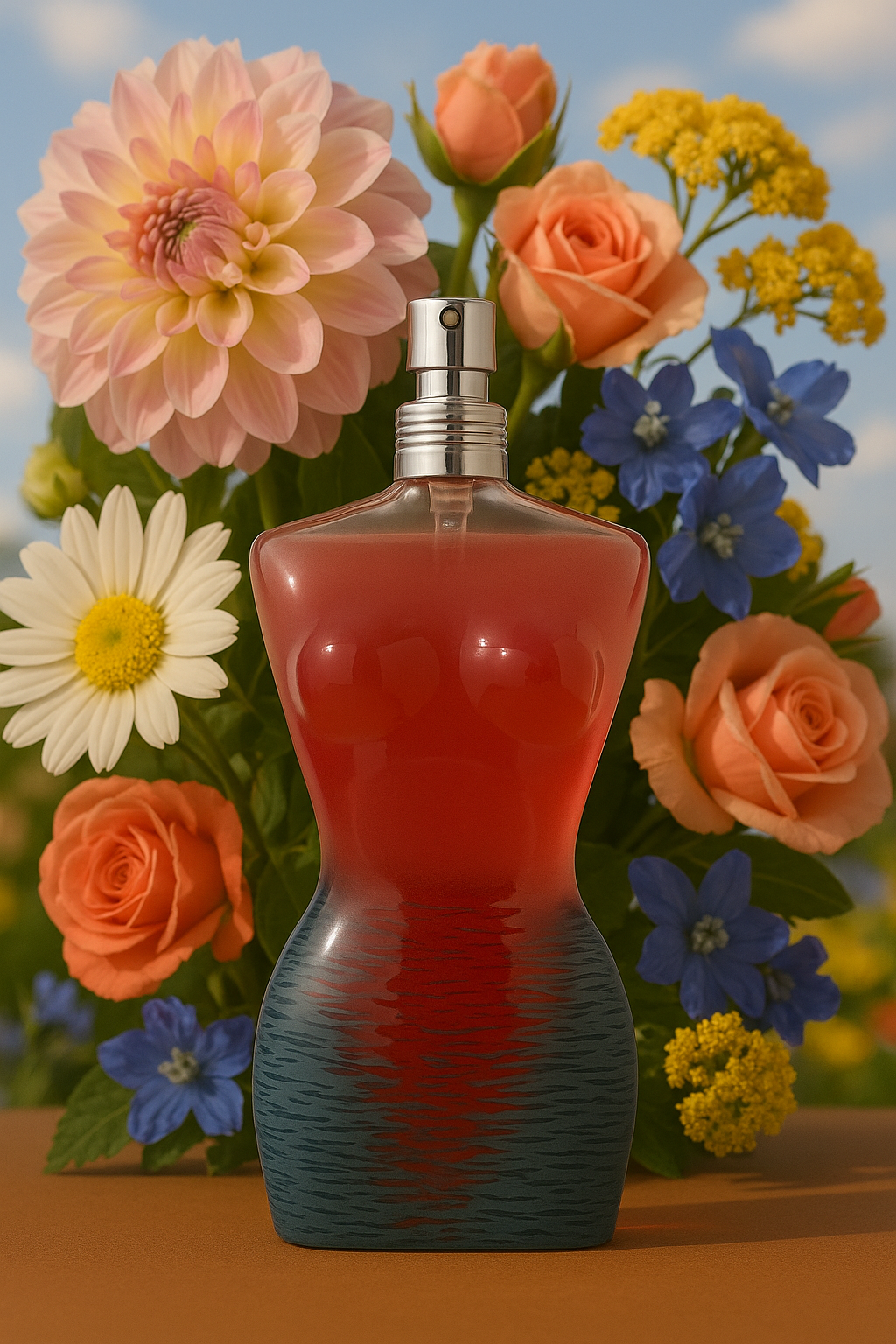 JeanPaul Gaultier Classique Summer Flakon mit einem farbenfrohen Blumenstrauß im Hintergrund.