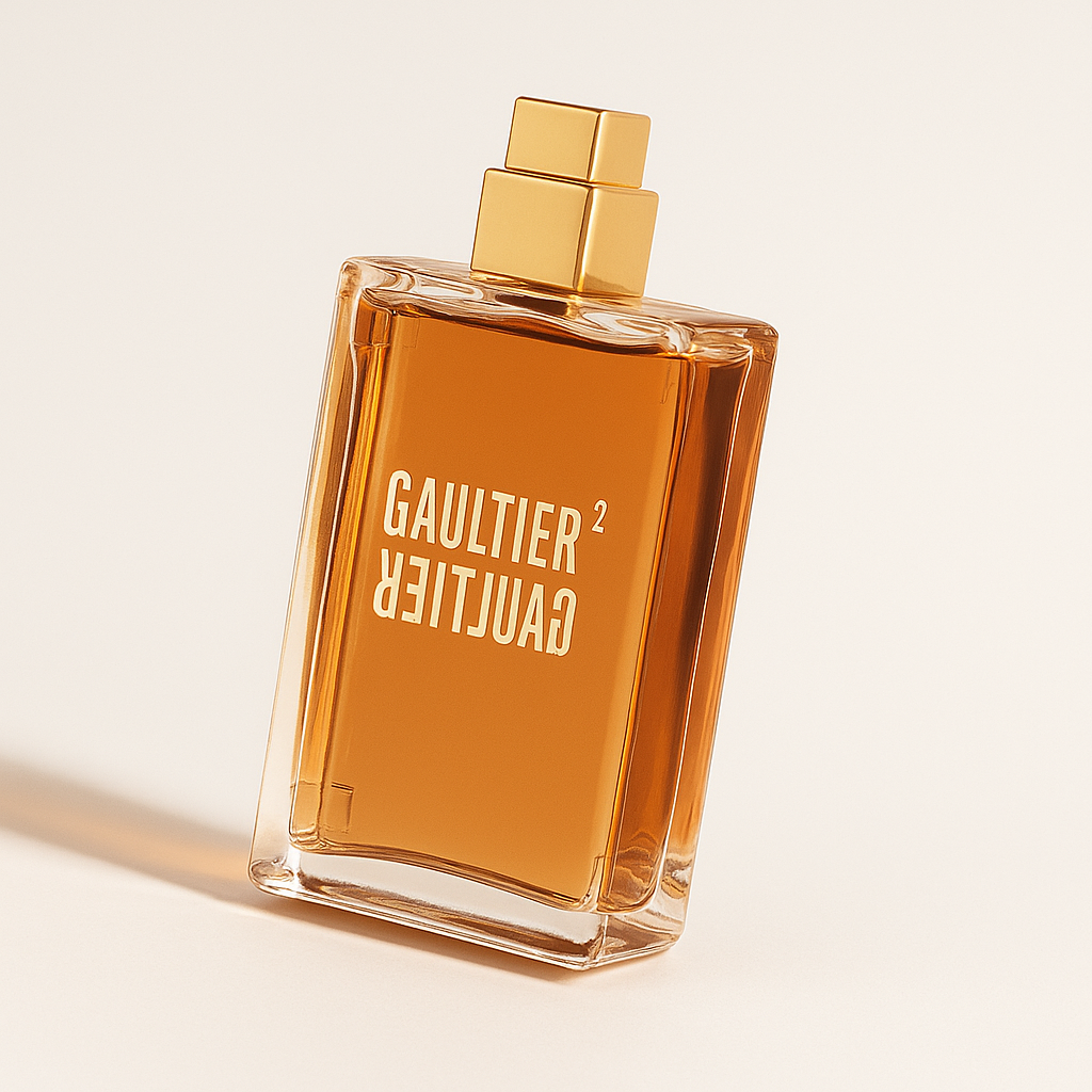 Jean-Paul Gaultier 2 Flakon, leicht gekippt, auf weißem Hintergrund.