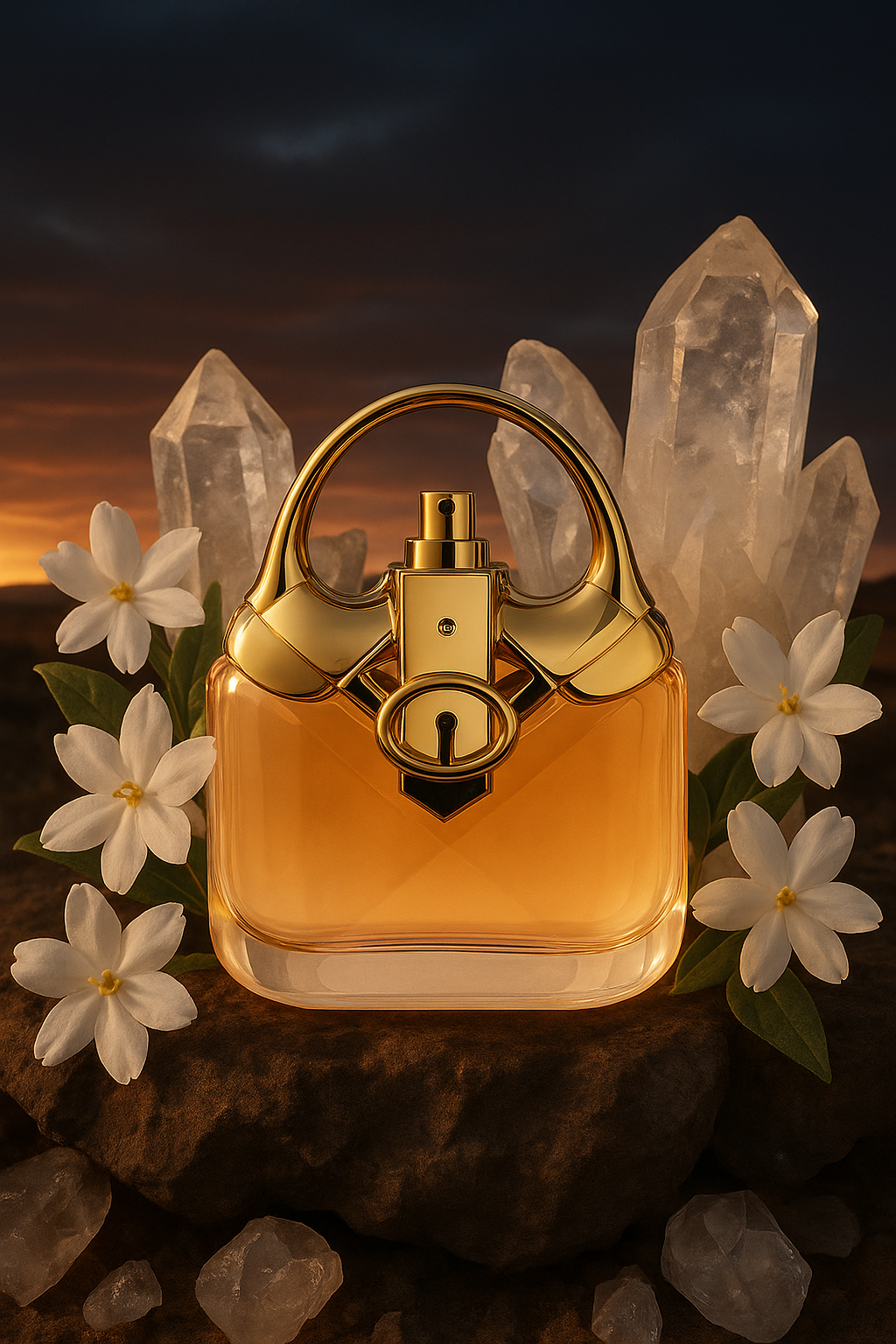 Jean-Pierre Sand Shopping Time Flakon ist umgeben von Bergkristallen und weißen Blüten. Im Hintergrund ist eine Abenddämmerung.