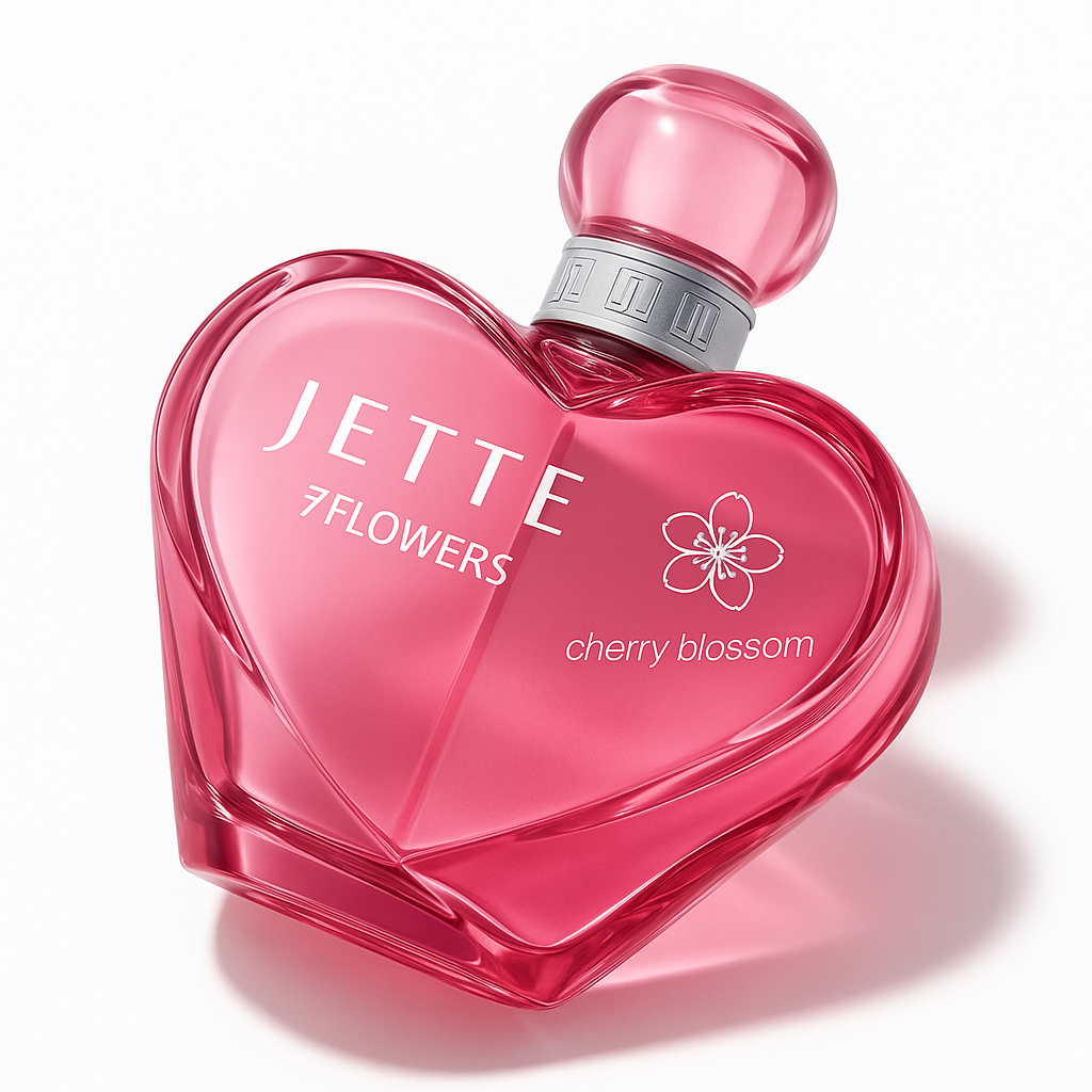 Ein herzförmiges Parfümflakon in glänzendem Rosa mit der Aufschrift „JETTE 7Flowers cherry blossom“, leicht zur Seite gekippt mit sichtbarer Kante in der Mitte, wirft einen weichen, natürlichen Schatten auf hellem Hintergrund.