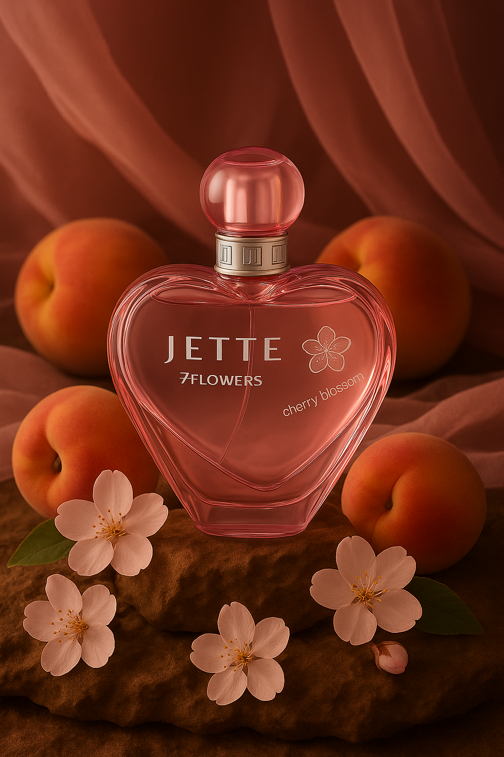 Ein hezförmiges Flakon steht auf einer steinigen Fläche, umgeben von Pfirsichen und Kirschblüten. Im Hintergrund ist ein rosa seidener Vorhang.