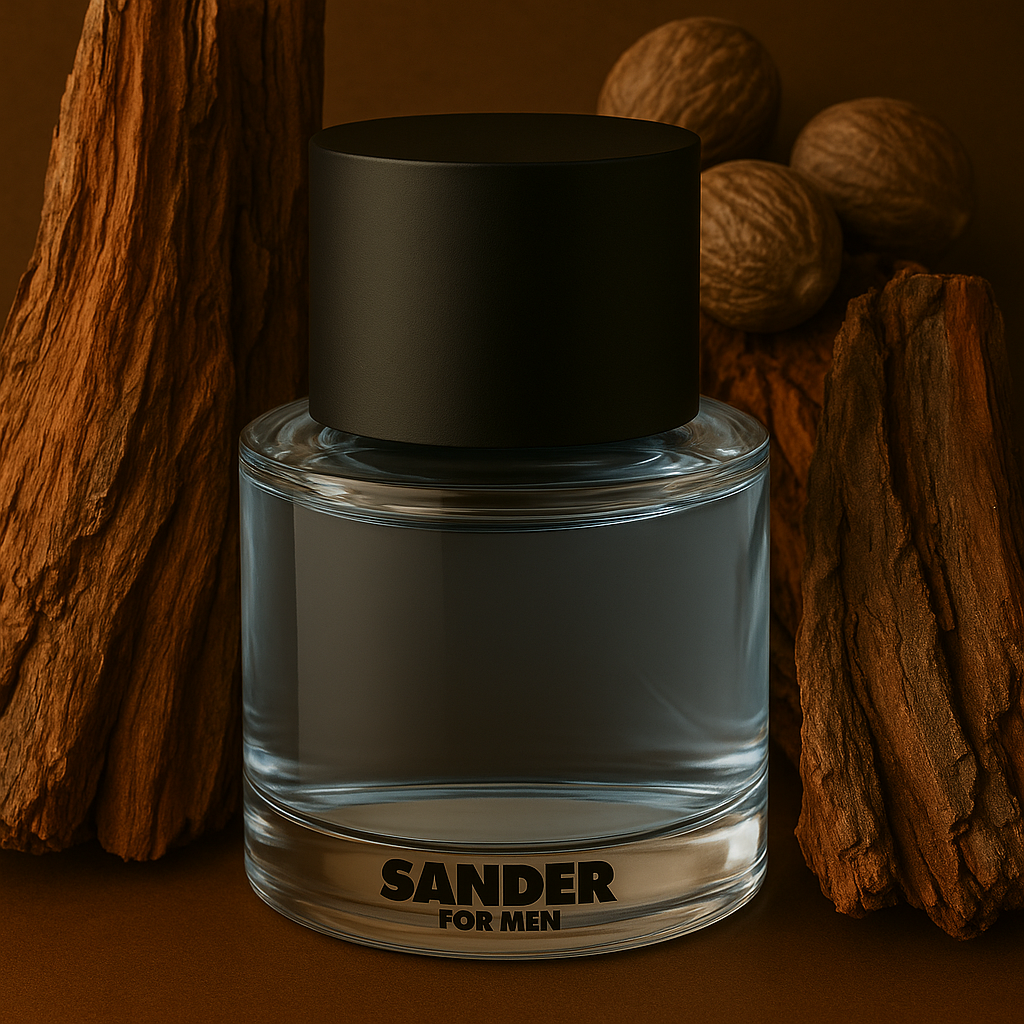 Jil ander for Men Flakon, umgeben von Holzstückchen und Nüssen im Hintergrund. Das Flakon hat ein leichtes Blau, während die Umgebung ein warmes Braun ziert.