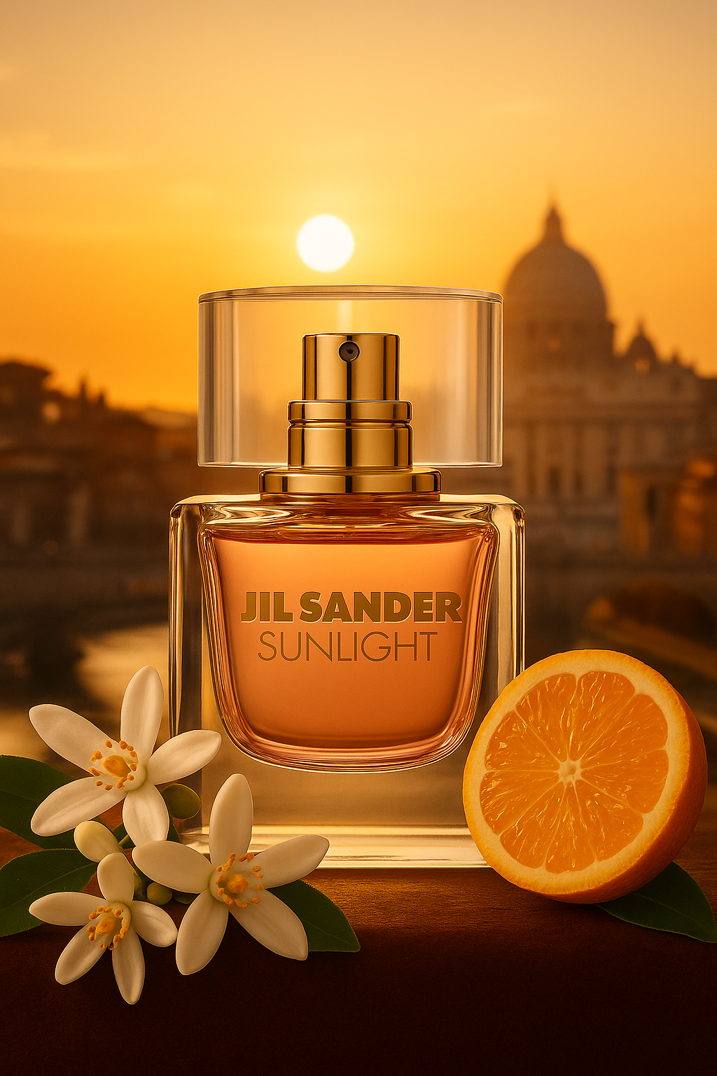 Das Parfumflakon „Jil Sander Sunlight“ steht im Zentrum des Bildes vor einem gold-orangenen Sonnenuntergang mit Blick auf die Silhouette von Rom, einschließlich der Kuppel des Petersdoms. Vor dem Flakon liegen weiße Orangenblüten und eine halbierte Orange auf einem samtigen Untergrund. Das warme Licht des Sonnenuntergangs unterstreicht den goldfarbenen Sprühkopf und die roséfarbene Flüssigkeit im klaren Glasflakon.