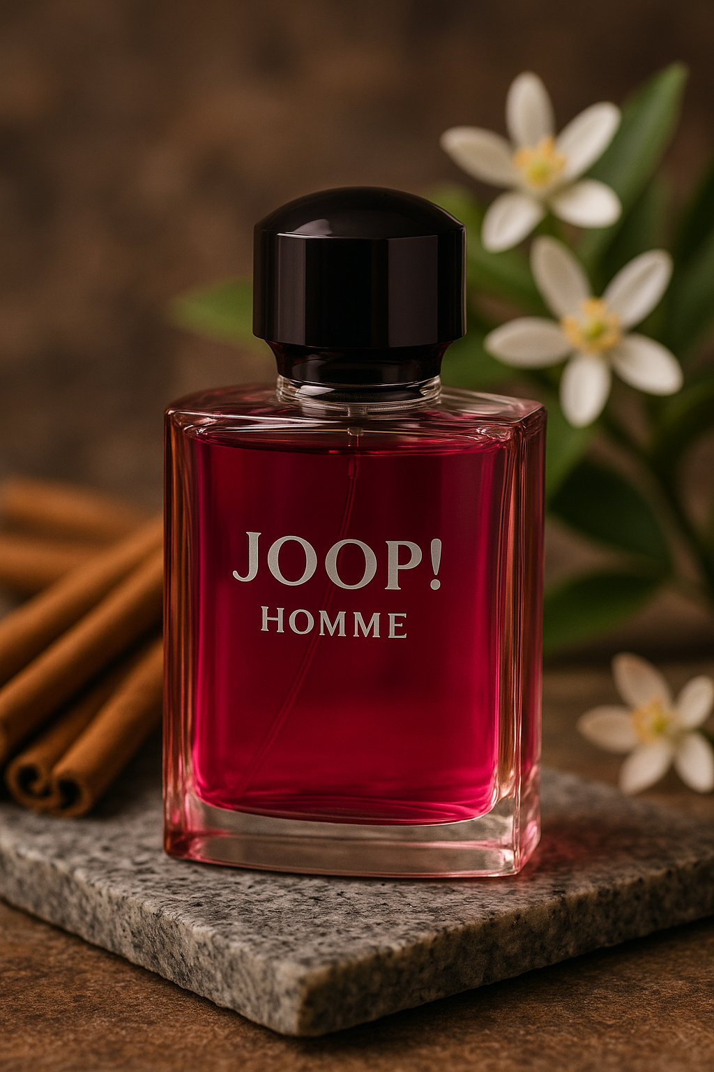 Joop Homme Flakon steht auf einer Marmorplatte. Im Hintergrund sind auf der linken Seite Zimtstangen zu sehen und auf der rechten Seite weiße Blüten.