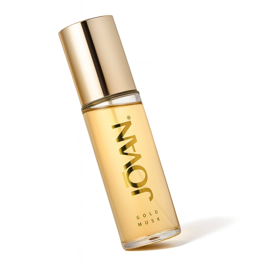 Jovan Musk Oil Flakon auf weißem Hintergrund.