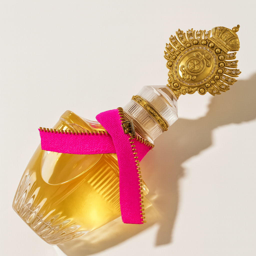Ein kunstvoll gestaltetes Parfumflakon liegt schräg geneigt auf einer weißen Fläche. Der Flakon enthält goldgelbe Flüssigkeit und ist mit einem auffälligen pinken Zipperband verziert. Der massive goldene Verschluss in Medaillon-Optik mit Krone und Ornamenten steht im Zentrum. Weiches Licht erzeugt einen natürlichen Schatten.