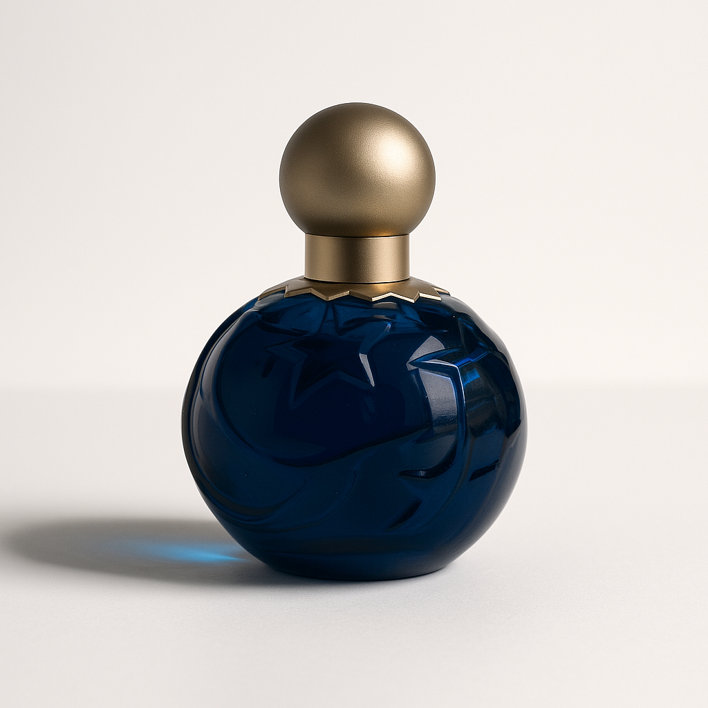 Ein rundes, tiefblaues Parfümflakon mit goldener Kugelkappe, aus der Vogelperspektive fotografiert. Das Glas ist kunstvoll mit Reliefmustern verziert und wirft auf einem neutralen, hellen Hintergrund einen weichen, natürlichen Schatten mit Lichtreflexionen.