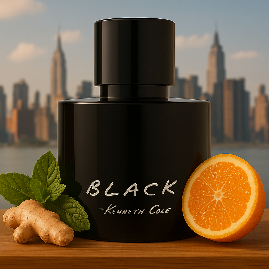 Ein glänzendes, schwarzes Parfumflakon mit der weißen Aufschrift „BLACK – Kenneth Cole“ steht im Vordergrund auf einer Holzoberfläche. Daneben liegen frische Minzblätter, ein Stück Ingwer und eine aufgeschnittene Orange. Im Hintergrund ist eine unscharfe Skyline mit dem Empire State Building im Abendlicht zu sehen.