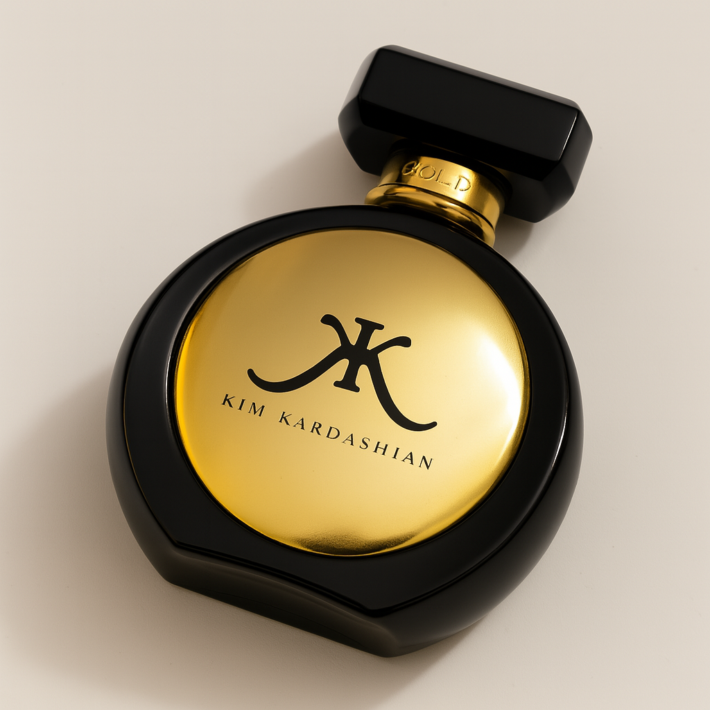 Ein stilvoll fotografiertes Parfümflakon von Kim Kardashian "Gold", leicht seitlich gekippt auf hellem Hintergrund. Das runde, schwarze Flakon mit glänzendem goldenen Zentrum zeigt zentral das KK-Logo und den Markennamen. Der Verschluss ist eckig und schwarz mit einem goldenen Ring am Hals.