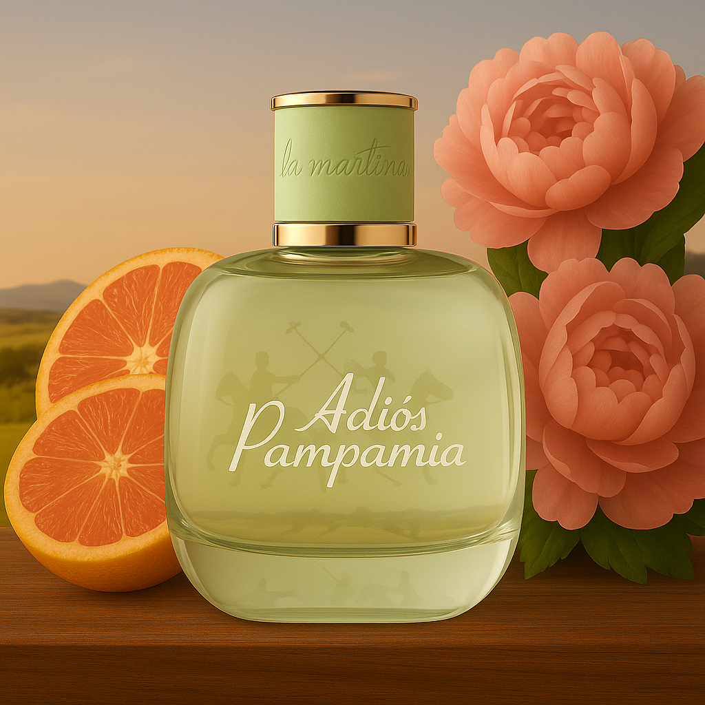 Ein Flakon des Parfüms „Adiós Pampamia“ von La Martina steht auf einer Holzoberfläche vor einer warmen Landschaft im Sonnenuntergang. Der Flakon ist rundlich, transparent und enthält eine hellgrüne Flüssigkeit. Die weiße Schrift auf der Vorderseite zeigt den Parfümnamen, während im Inneren des Glases ein Polo-Spiel-Motiv sichtbar ist. Daneben liegen zwei aufgeschnittene Grapefruithälften und blühen große rosa Pfingstrosen. Das Gesamtbild wirkt harmonisch und natürlich.