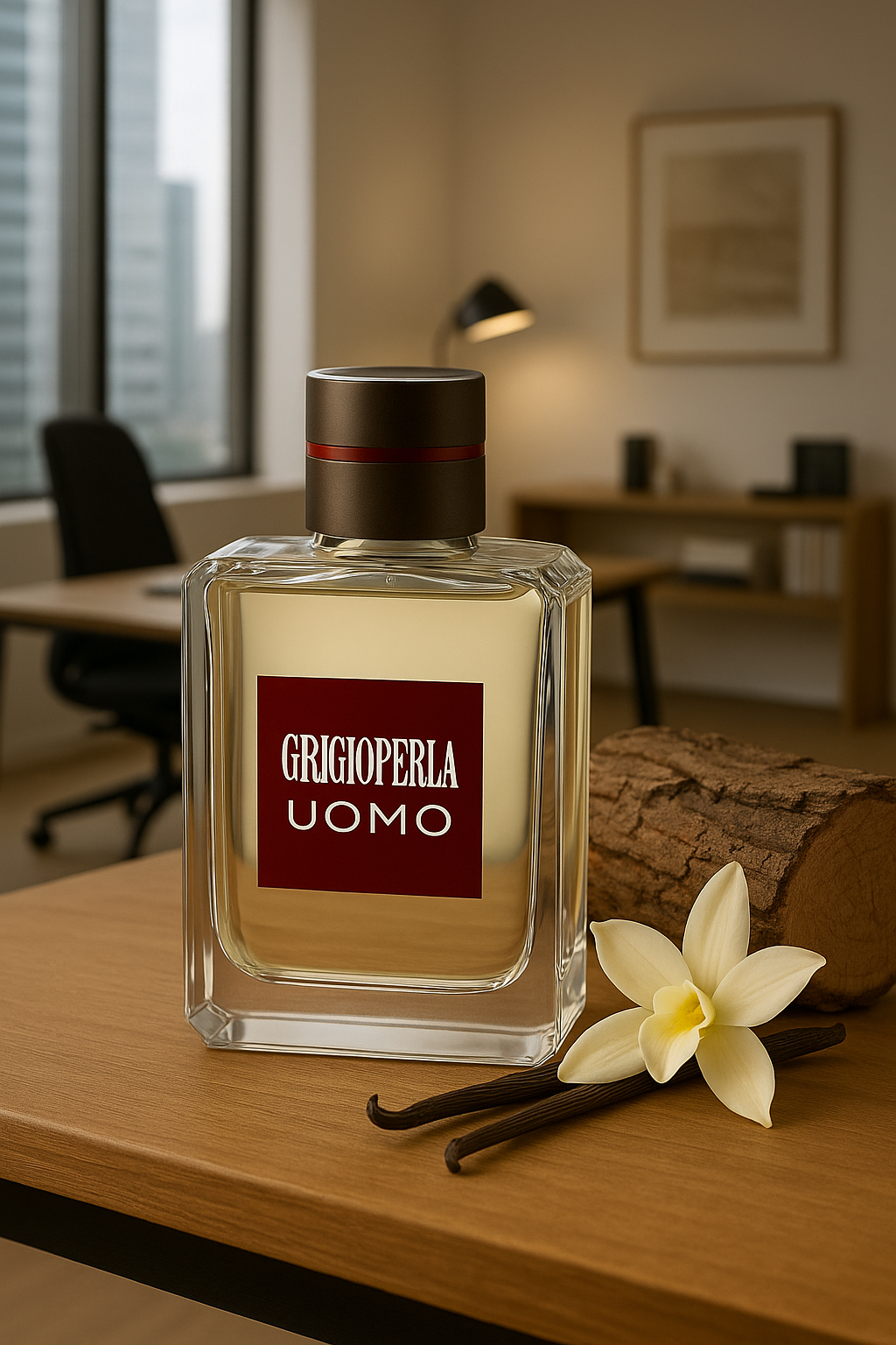 La Perla Grigioperla Flakon steht auf einem Tisch, umgeben von Vanilleblüten und einem Stück Holz. Im Hintergrund befindet sich ein minimalistisches Büro.