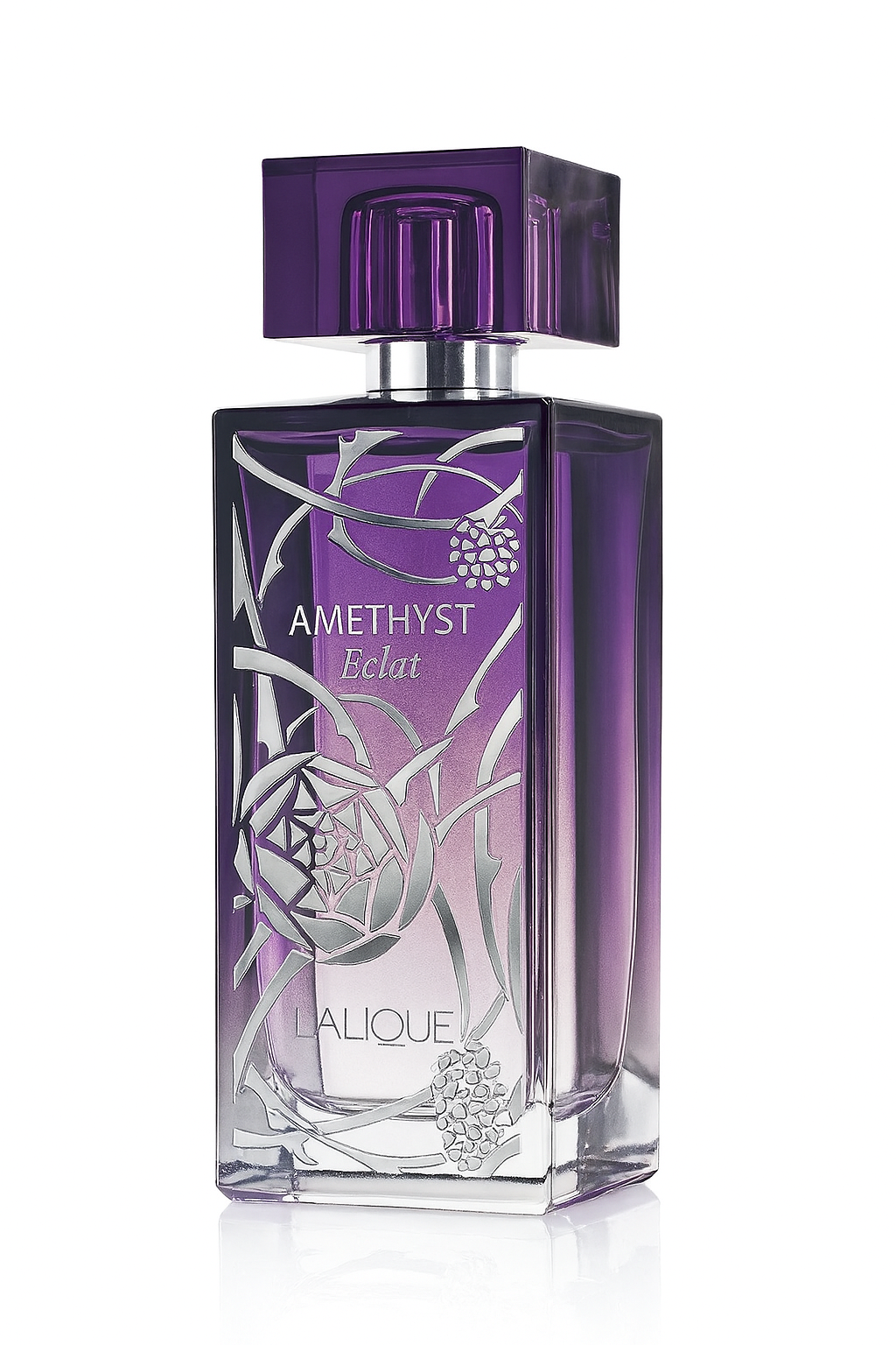 Lalique Amethyst Eclat Flakon auf weißem Hintergrund.