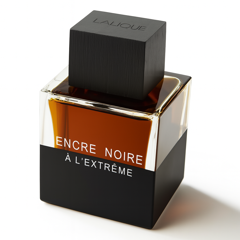 Lalique Encre Noire L'Extrême Flakon auf weißem Hintergrund.