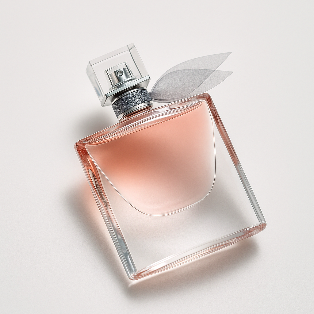 Ein rechteckiger Glasflakon mit roséfarbener Flüssigkeit liegt leicht geneigt auf einer weißen Fläche. Der Flakon ist transparent mit einer eleganten Einwölbung in der Mitte. Eine silberne, strukturierte Kappe und eine zarte graue Stoffschleife schmücken den Flaschenhals. Ein weicher Schatten rundet das Bild ab.