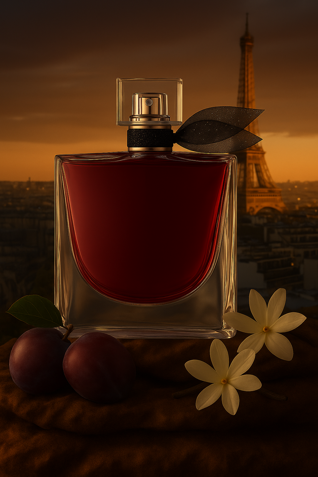 Ein elegantes Parfümflakon mit tief dunkelroter Flüssigkeit steht auf einem samtbraunen Stoff. Die Flasche ist dickwandig, aus klarem Glas mit weichen Rundungen und offenem Zerstäuber, verziert mit zwei schwarzen Stoffblättern mit Glitzereffekt. Links liegen zwei Pflaumen mit Blatt, rechts unten drei gelbliche Jasminblüten. Im Hintergrund ist bei Sonnenuntergang der Eiffelturm über den Dächern von Paris zu sehen, in warmen Gold- und Brauntönen getaucht.