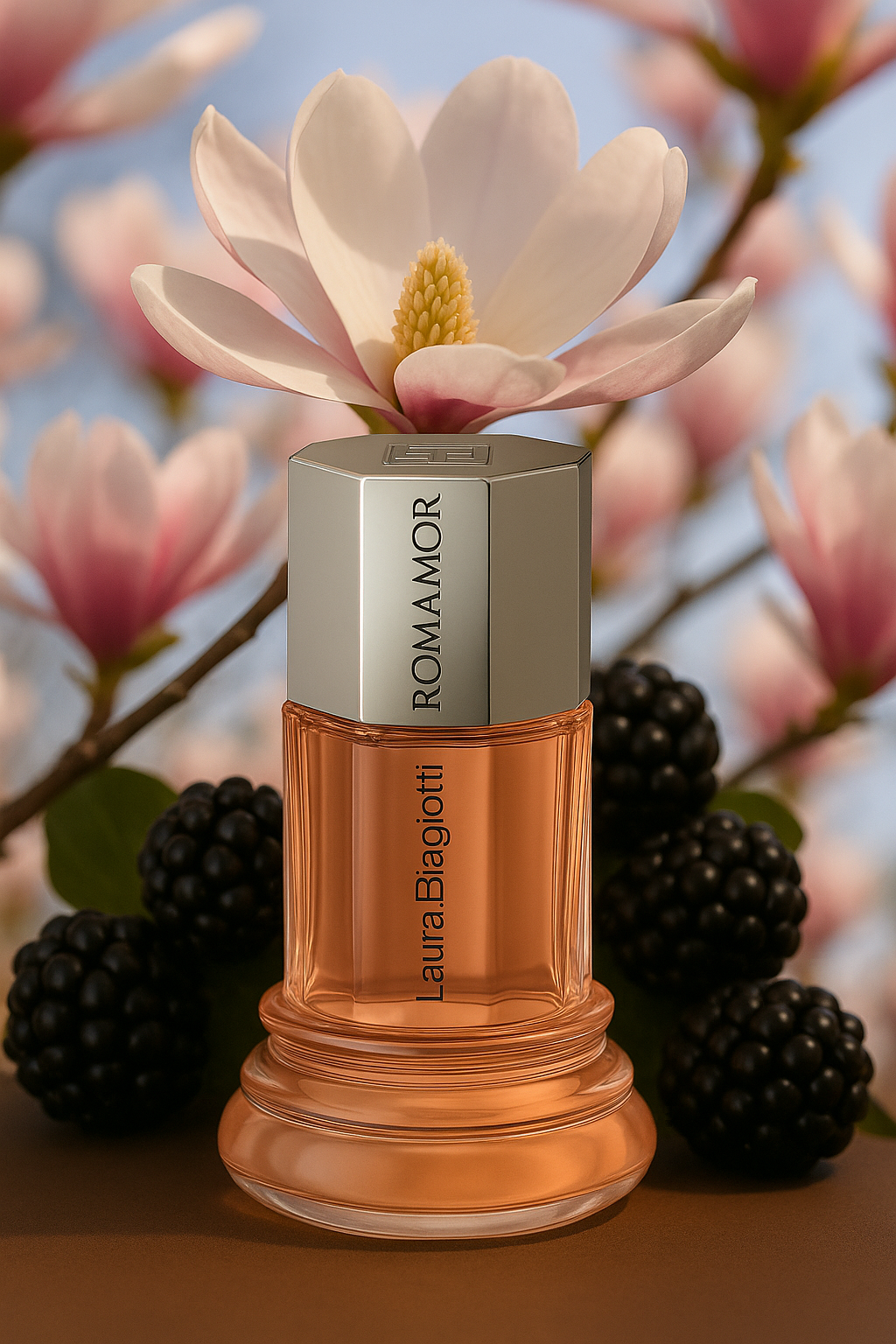 Laura Biagiotti Romamor Flakon mit Brombeeren und weiß-rosanen Blüten im Hintergrund.