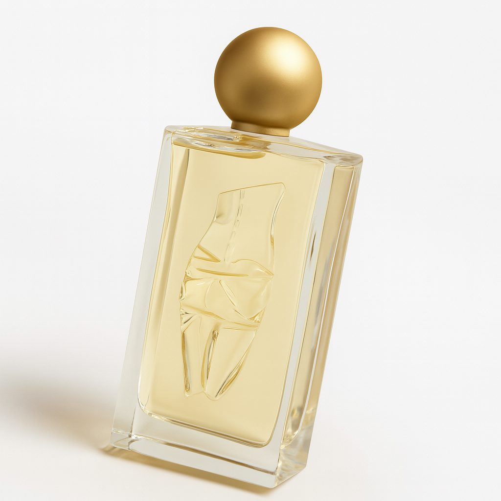 Ein rechteckiges Parfumflakon von Leonard „Fabuleuse de Leonard“ mit klaren Glaswänden und einer goldenen Kugelkappe, leicht nach hinten geneigt. Das Relief einer weiblichen Silhouette ist auf der Vorderseite erkennbar. Der Hintergrund ist neutral und hell, mit einem weichen Schattenwurf des Flakons.