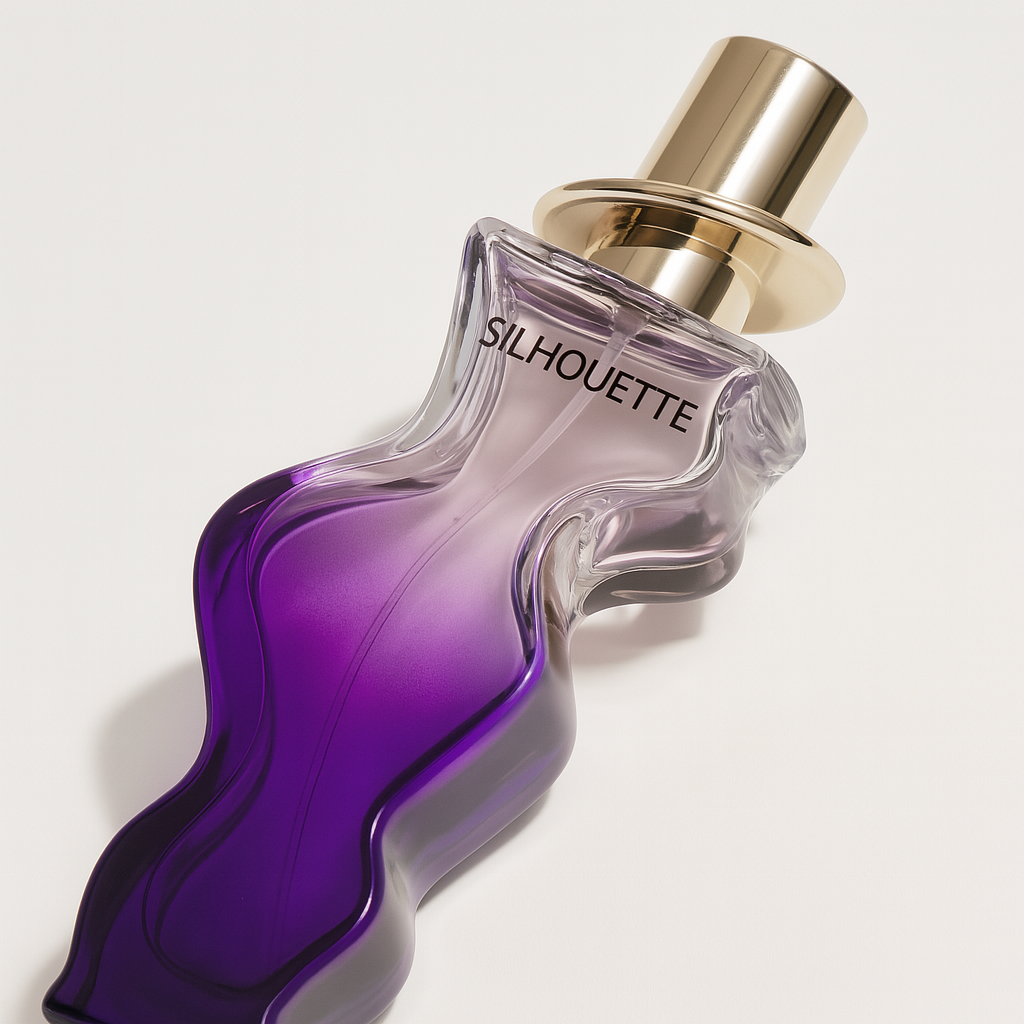 Ein elegantes Parfumflakon in Form einer stilisierten weiblichen Silhouette liegt leicht geneigt auf einer weißen Fläche. Die Farbe verläuft von tiefem Violett zu zartem Flieder. Der goldene Sprühkopf mit Hut-Design und der schwarze Schriftzug „SILHOUETTE“ auf der Vorderseite sind klar erkennbar. Ein sanfter Schatten verleiht Tiefe.